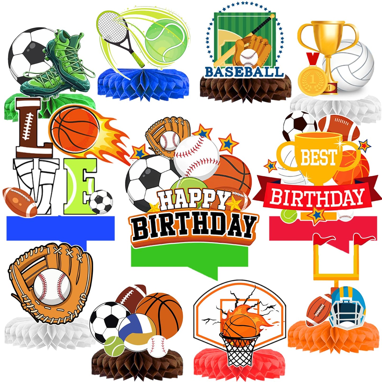 12 Pcs Sports Birthday Party Decorations Honeycomb Centerpices for Sports Themed Party Decorations