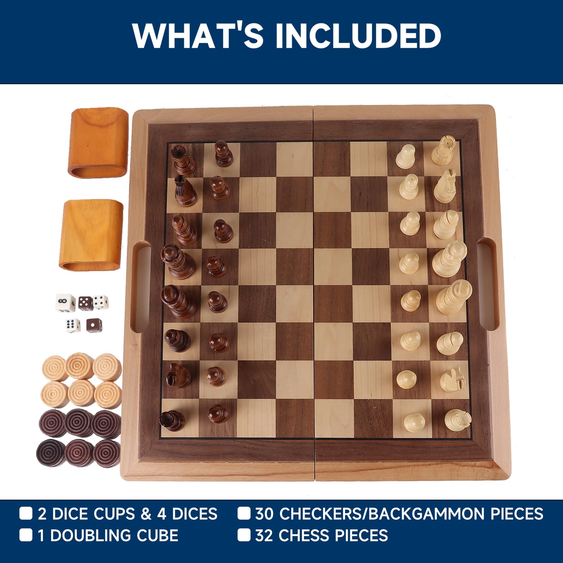 GSE Games & Sports Expert 16" Deluxe 3-in-1 Wooden Folding Chess, Checker & Backgammon Board Game Combo Set, Portable Travel Game Set for Kids