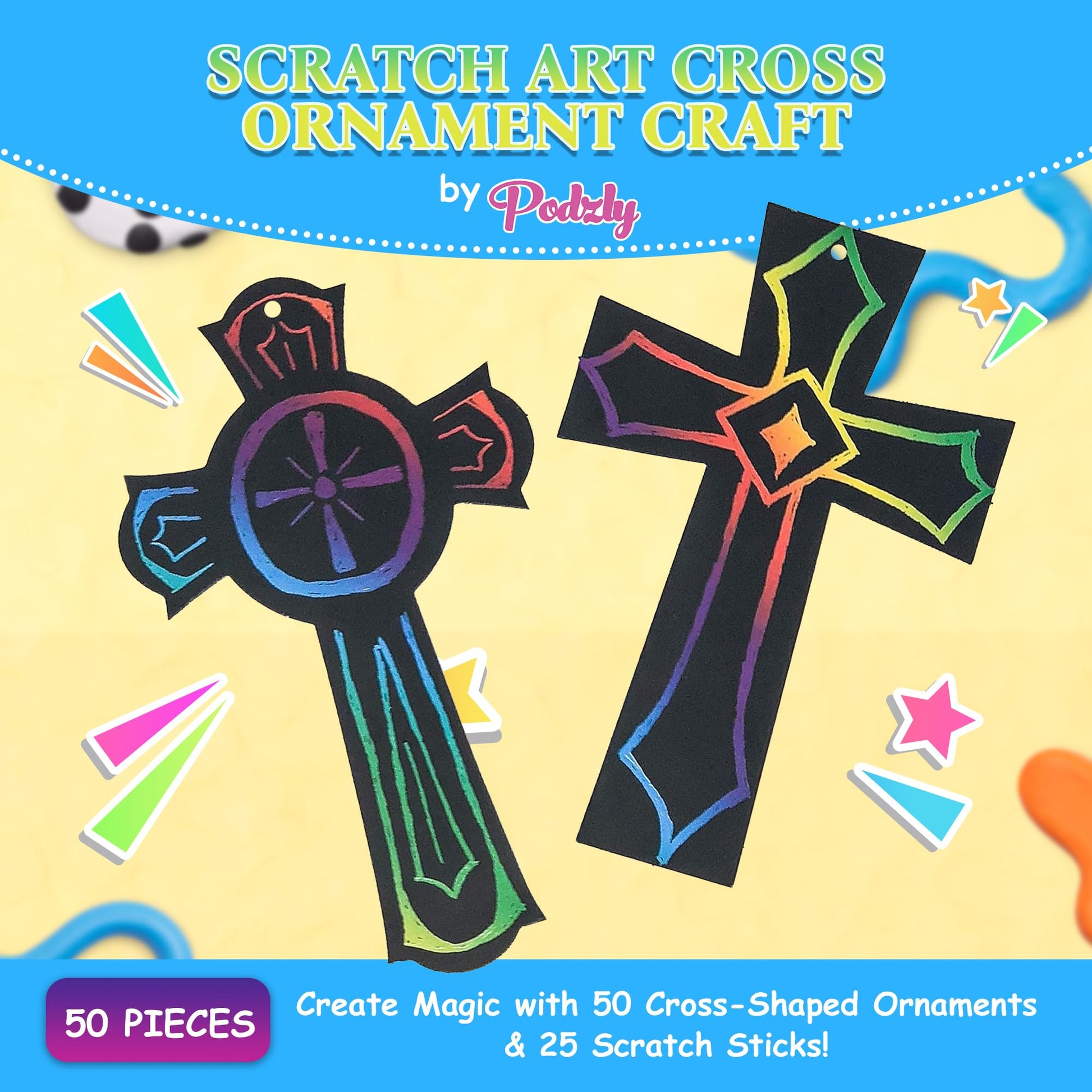 Podzly 50 Scratch Art Cross Ornament Craft Kit - Easter Religious Crafts for Kids, Scratch Art Crosses Church Gifts for Children, Kids Party Favors