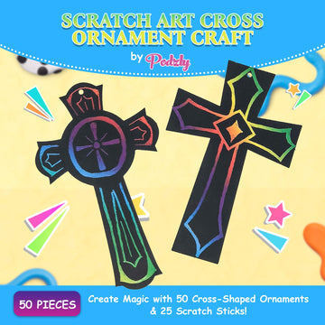 Podzly 50 Scratch Art Cross Ornament Craft Kit - Easter Religious Crafts for Kids, Scratch Art Crosses Church Gifts for Children, Kids Party Favors