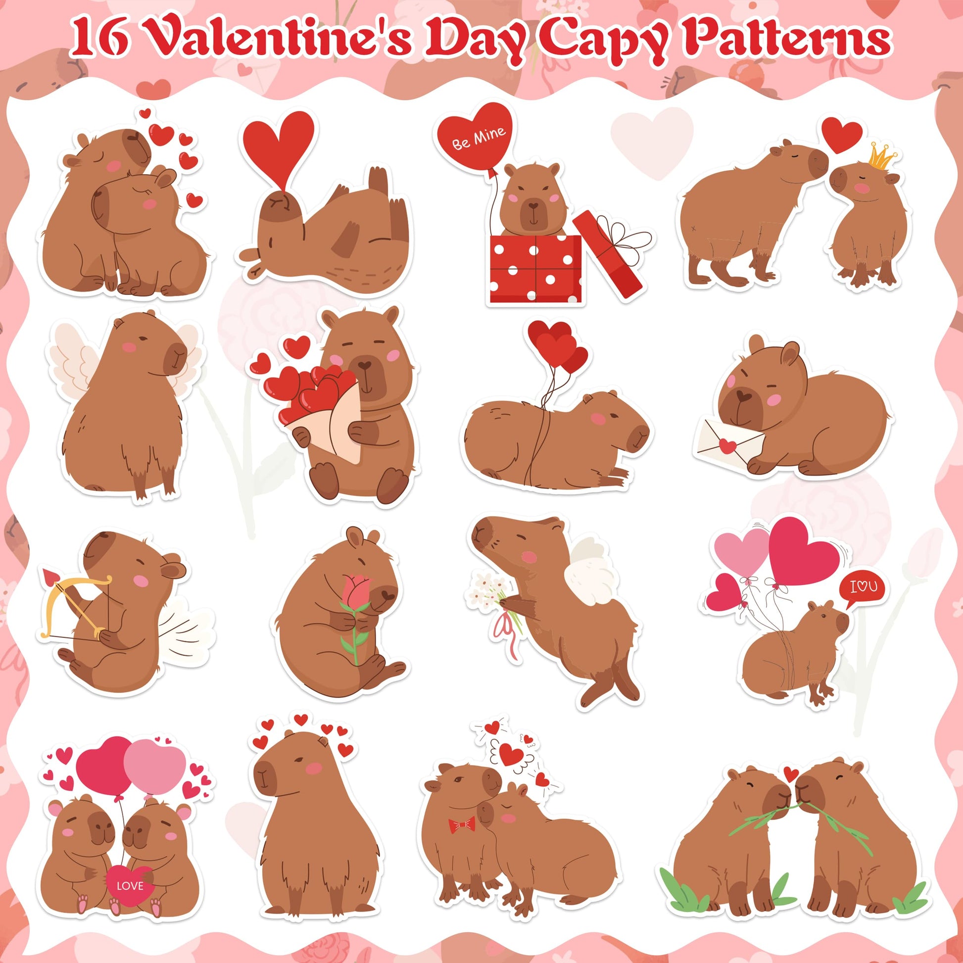 DSjuedui Romantic Capy Sticker Rolls - 2000Pcs Cute Capy with Hearts Self Adhesive Stickers for Kids, Kawaii Cartoon Animals Waterproof Decals