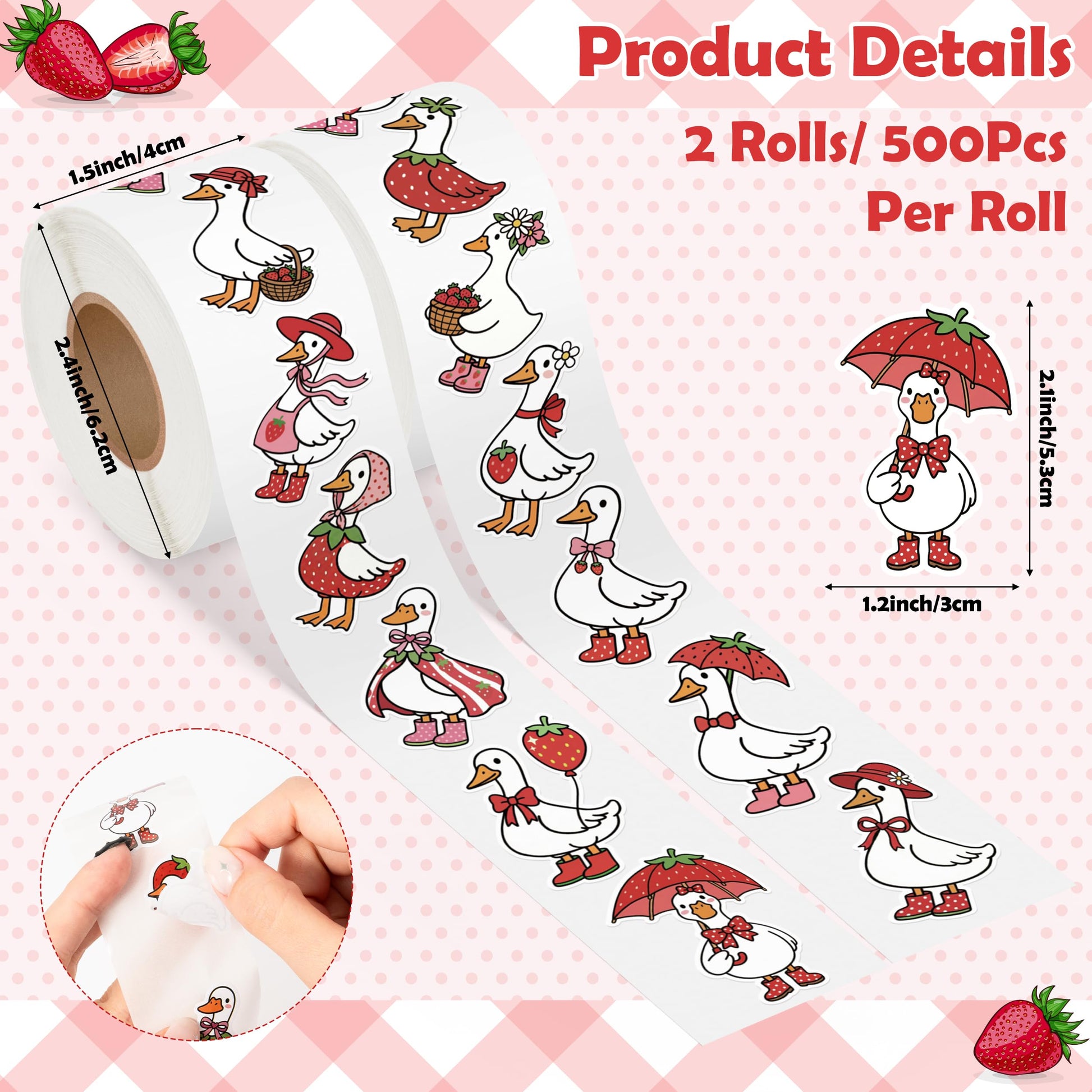 5wsech Summer Strawberry Goose Roll Stickers - 1000Pcs Pink Red Bow Strawberry Silly Goose Decals, Funny Summer Holiday Decorative Stickers Gift