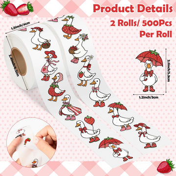 5wsech Summer Strawberry Goose Roll Stickers - 1000Pcs Pink Red Bow Strawberry Silly Goose Decals, Funny Summer Holiday Decorative Stickers Gift