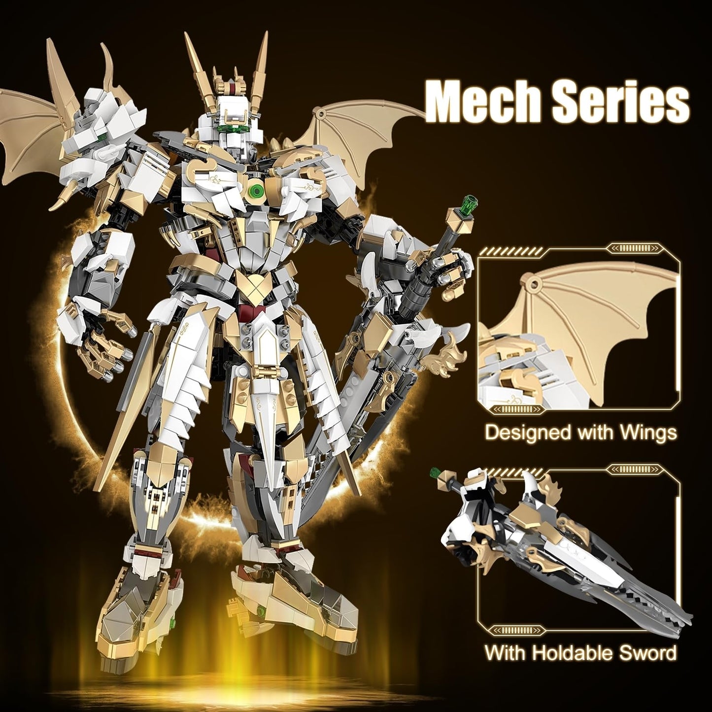 HIGH GODO Hero Mech Building Blocks Set for Adults?Golden Armor Robot Model Building Kit with Classic Swords, Hard Core Chinoiserie Style Collectible