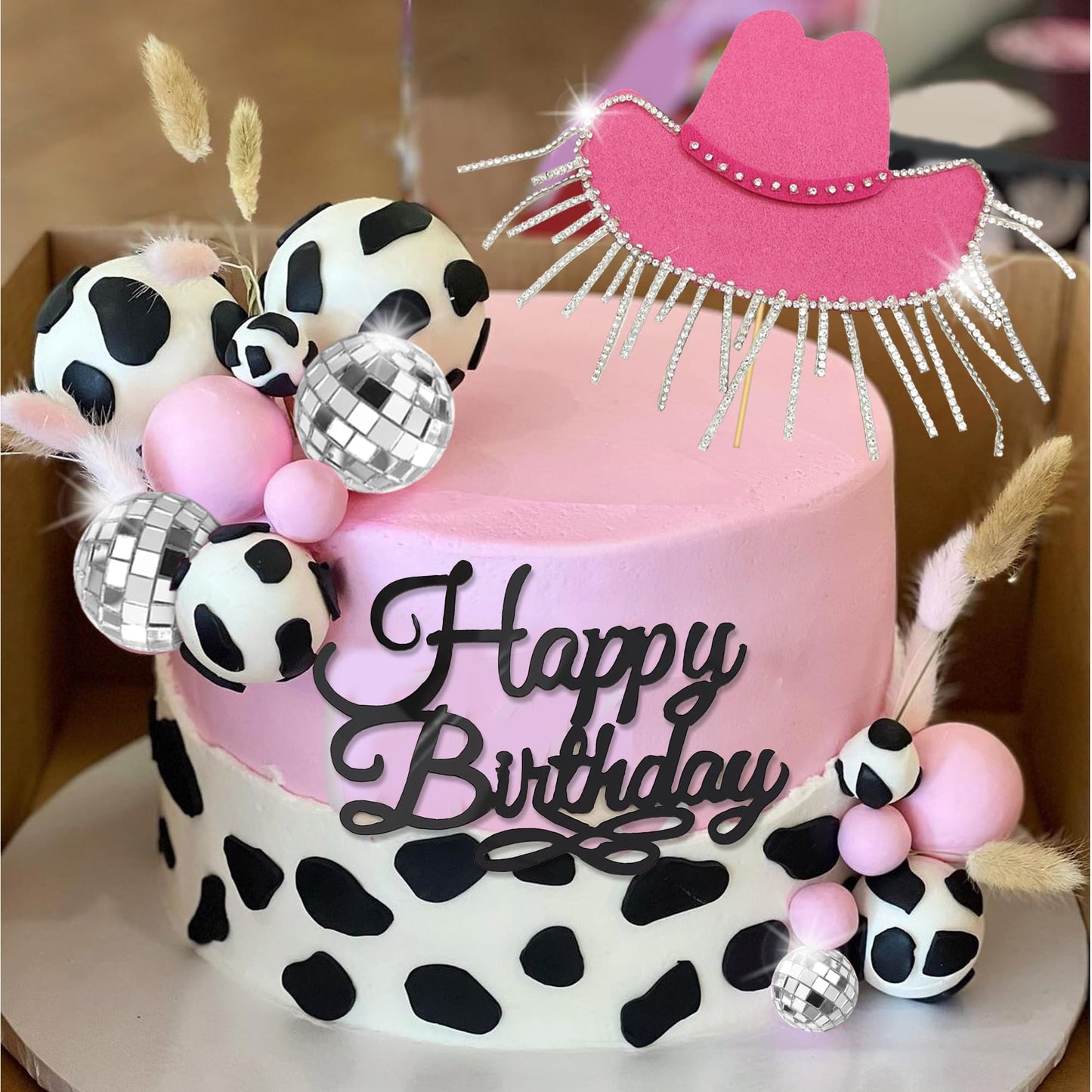 Cowgirl Cake Topper Hot Pink Cake Decoration Shiny Cowgirl Hat Disco Balls for Western Theme Cowgirl Birthday Supplies (01)