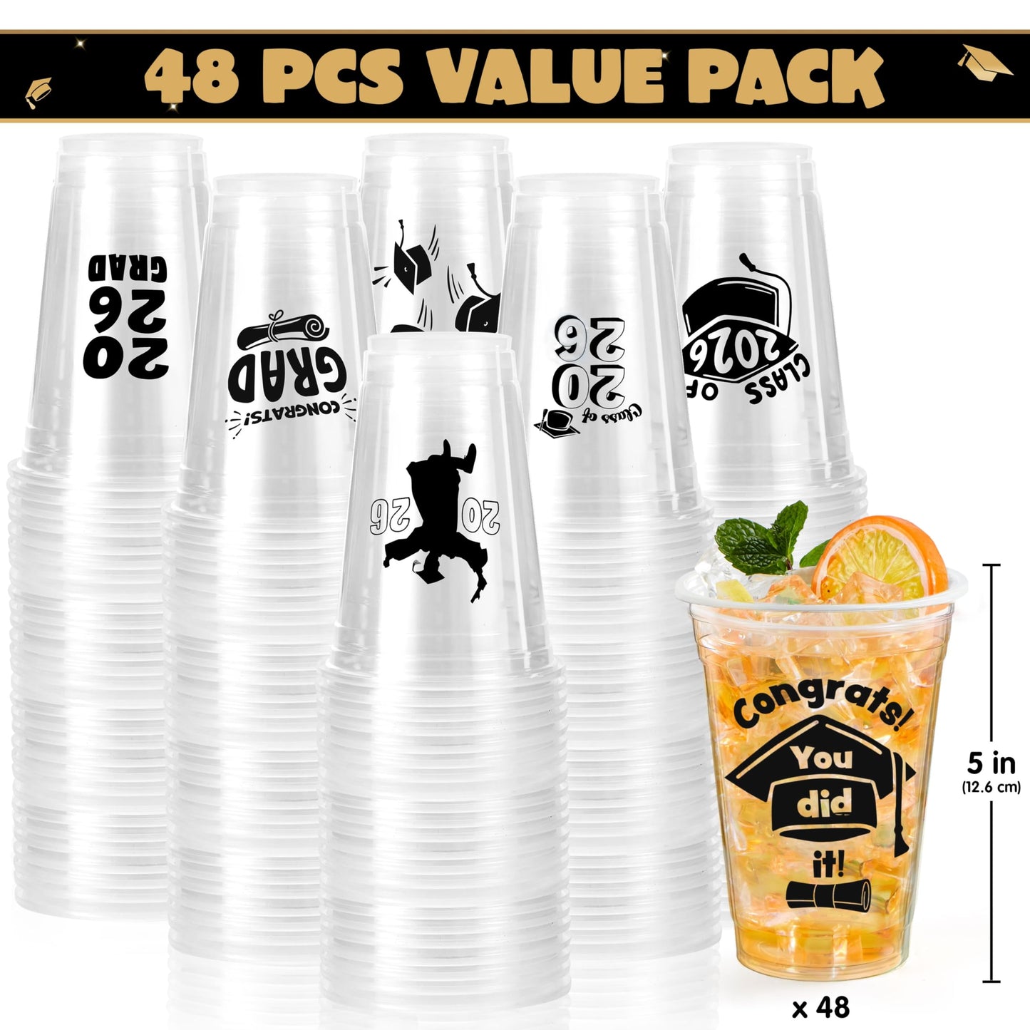 JOYIN 24 Pcs 16OZ Graduation Plastic Party Cups, Black Class of 2026 Decorations, Personalized Graduation Cups for College High School Grad Party