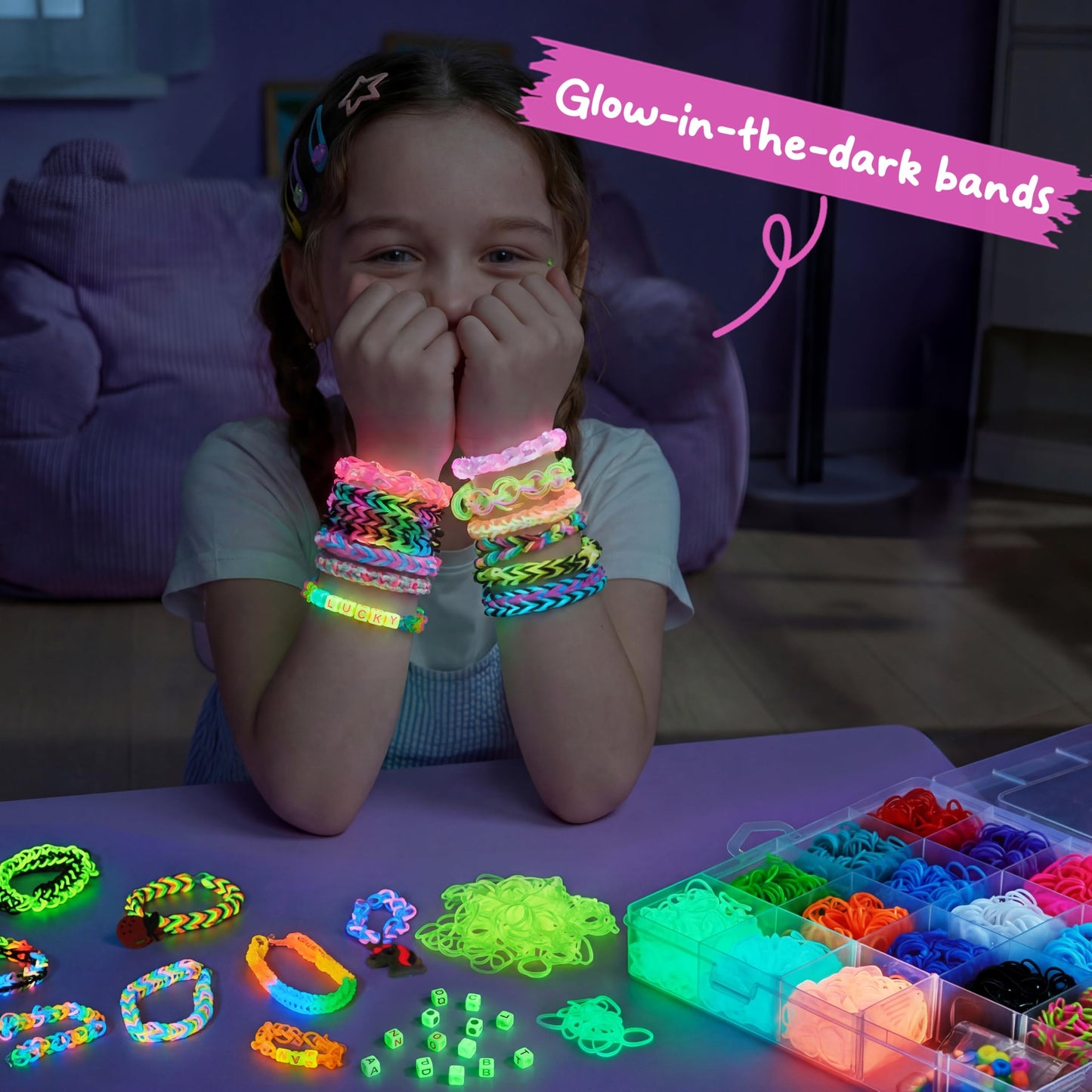 JOVA Klever Kits Rubber Band Bracelet Kit, Glow in The Dark Loom Bracelet Making Kit, 6000+ PCS DIY Set, Crafts for Girls Age 7+