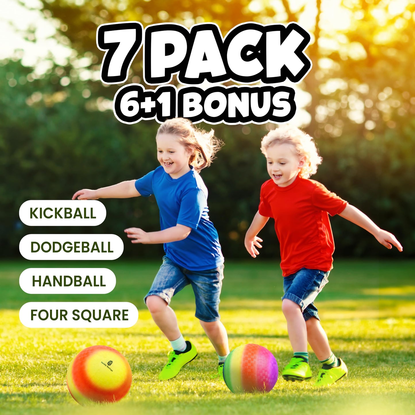 Variety Savings 7 Pack Playground Balls (8.5 Inch) - Dodgeball & Kickball Set for Kids, Includes 2 Pumps, 4 Pins, Mesh Bag - School & Outdoor Play