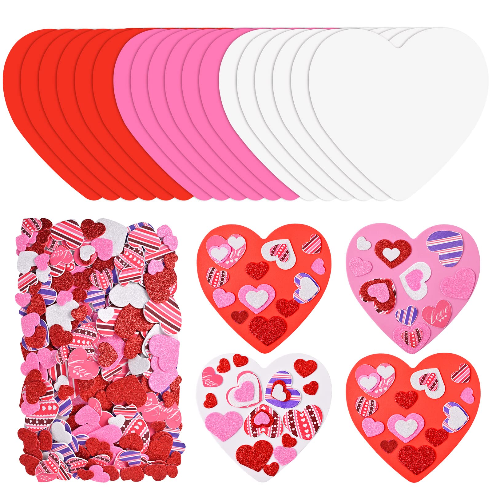 388 Pieces Valentine's Day Foam Heart Stickers Kit Includes 18 Pcs Colorful Large Foam Hearts and 370 Pcs Glitter Self-Adhesive Heart Stickers