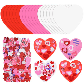 388 Pieces Valentine's Day Foam Heart Stickers Kit Includes 18 Pcs Colorful Large Foam Hearts and 370 Pcs Glitter Self-Adhesive Heart Stickers