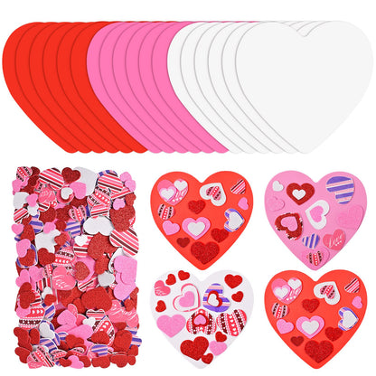 388 Pieces Valentine's Day Foam Heart Stickers Kit Includes 18 Pcs Colorful Large Foam Hearts and 370 Pcs Glitter Self-Adhesive Heart Stickers