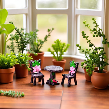 Miniature Furniture Set, Mini Table and Chairs, Wooden Garden Decor for Tiny Houses, Micro Landscape Accessories (C-1)