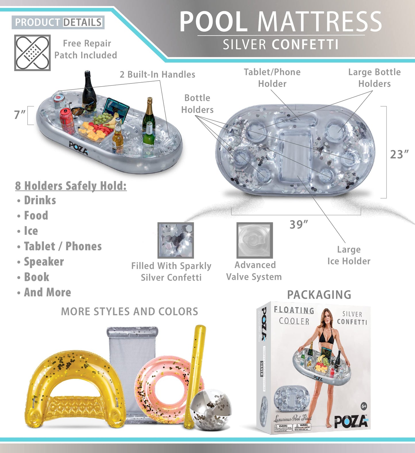 POZA Inflatable Silver Floating Cooler - Luxurious Drink Holder Filled with Sparkly Confetti, Premium Party Float with 8 Holders, Serving Bar