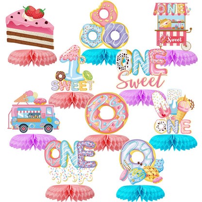 Tarklanda 10pcs Donut 1st Birthday Honeycomb Centerpieces Party Decor for Baby Girl,First ONE Sweet Donut 3D Table Centerpieces Party Happy Birthday
