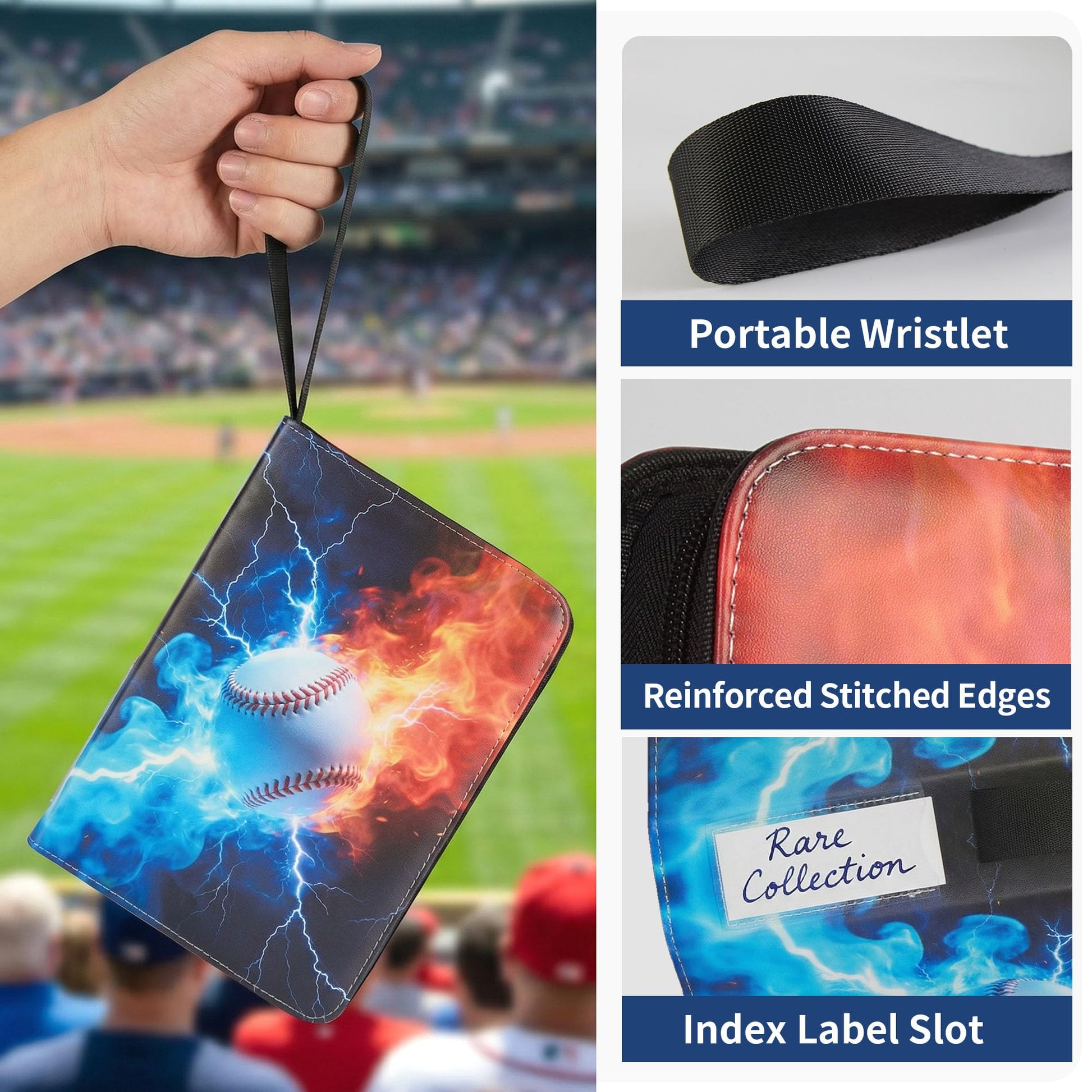 FLAIR GIFTS Baseball 4-Pocket Trading Card Binder with Zipper, Fits 400 Cards; PU Leather Collector Album for Pokemon, Sports Cards, TCG & Kpop