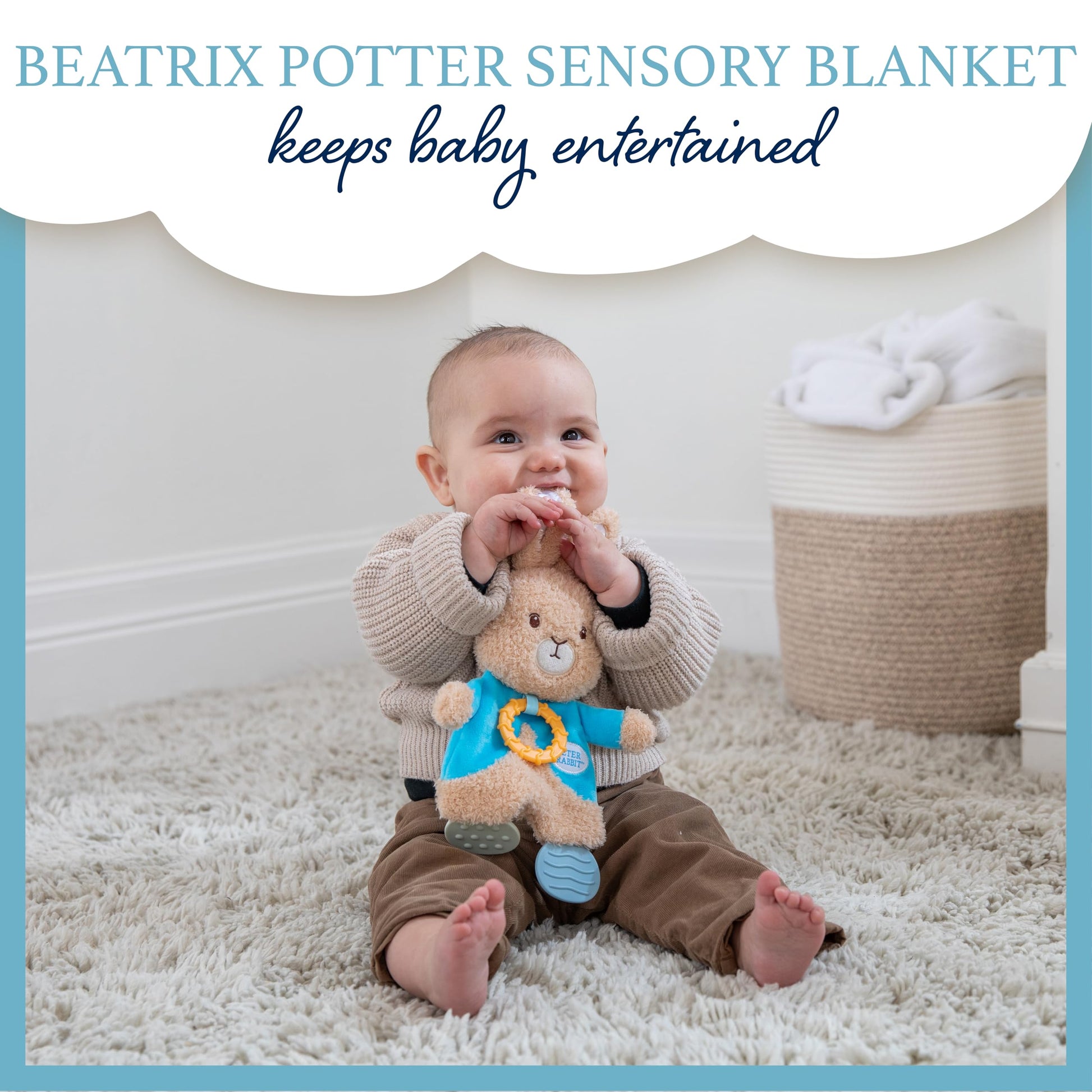 Kids Preferred Beatrix Potter Peter Rabbit Flat Sensory Blanky Interactive Baby Teether Toy with Crinkle Sounds, Soft Textures, Bright Colors,