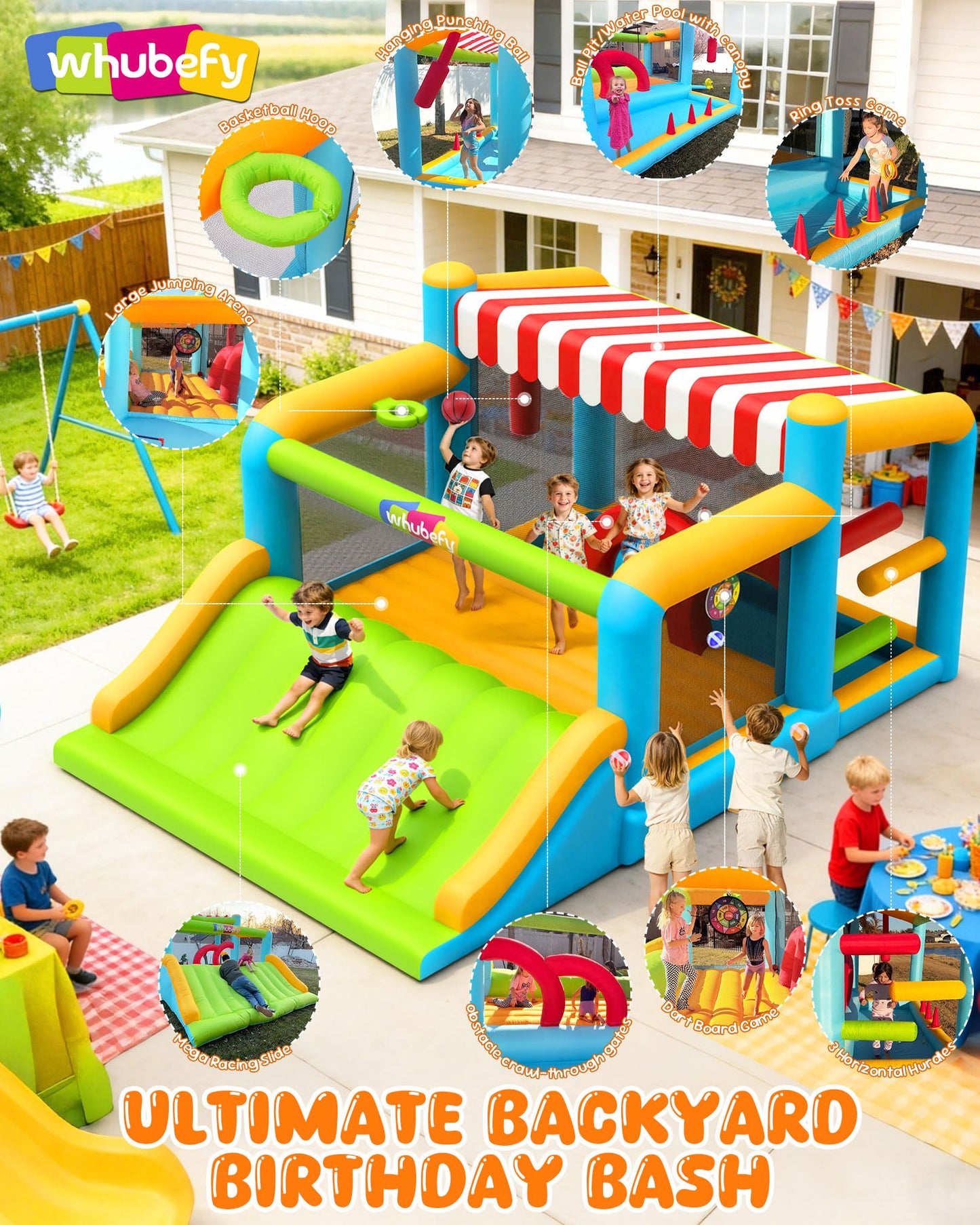 Whubefy 15-in-1 Bounce House with Large Slide and Ball Pit/Water Pool for Kids 3-12, 16.1' x 11.5 'x 8' Giant Inflatable Bouncy Castle with Sun Shade