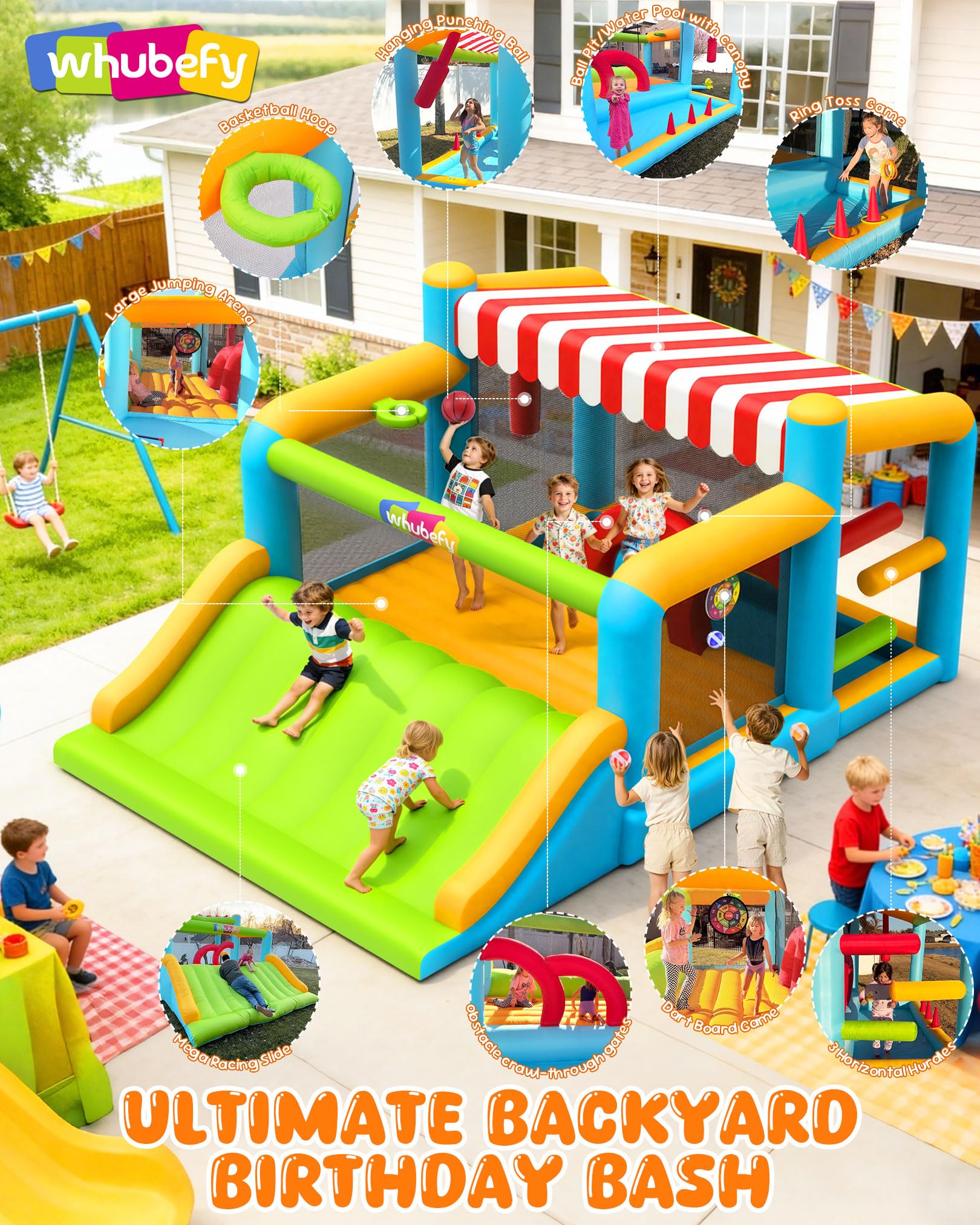 Whubefy 15-in-1 Bounce House with Large Slide and Ball Pit/Water Pool for Kids 3-12, 16.1' x 11.5 'x 8' Giant Inflatable Bouncy Castle with Sun Shade
