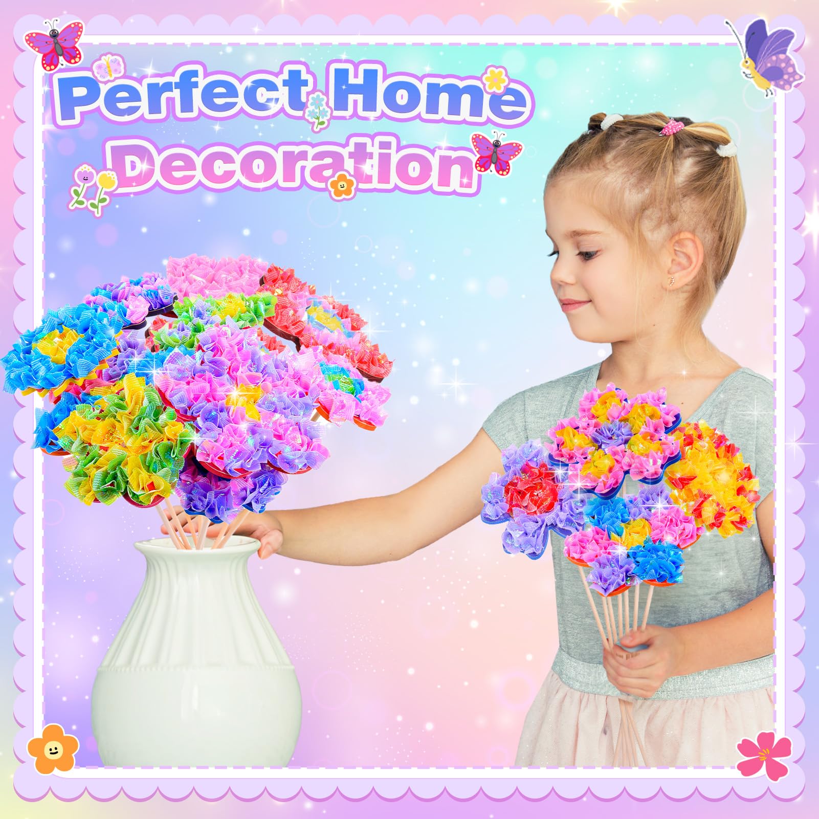 Arts and Crafts for Girls Ages 4-12, Poke Art Flower Bouquet with 8 Flowers & 2 Butterflies DIY Creative Activity Mess-Free Fun for Kid Party Favors