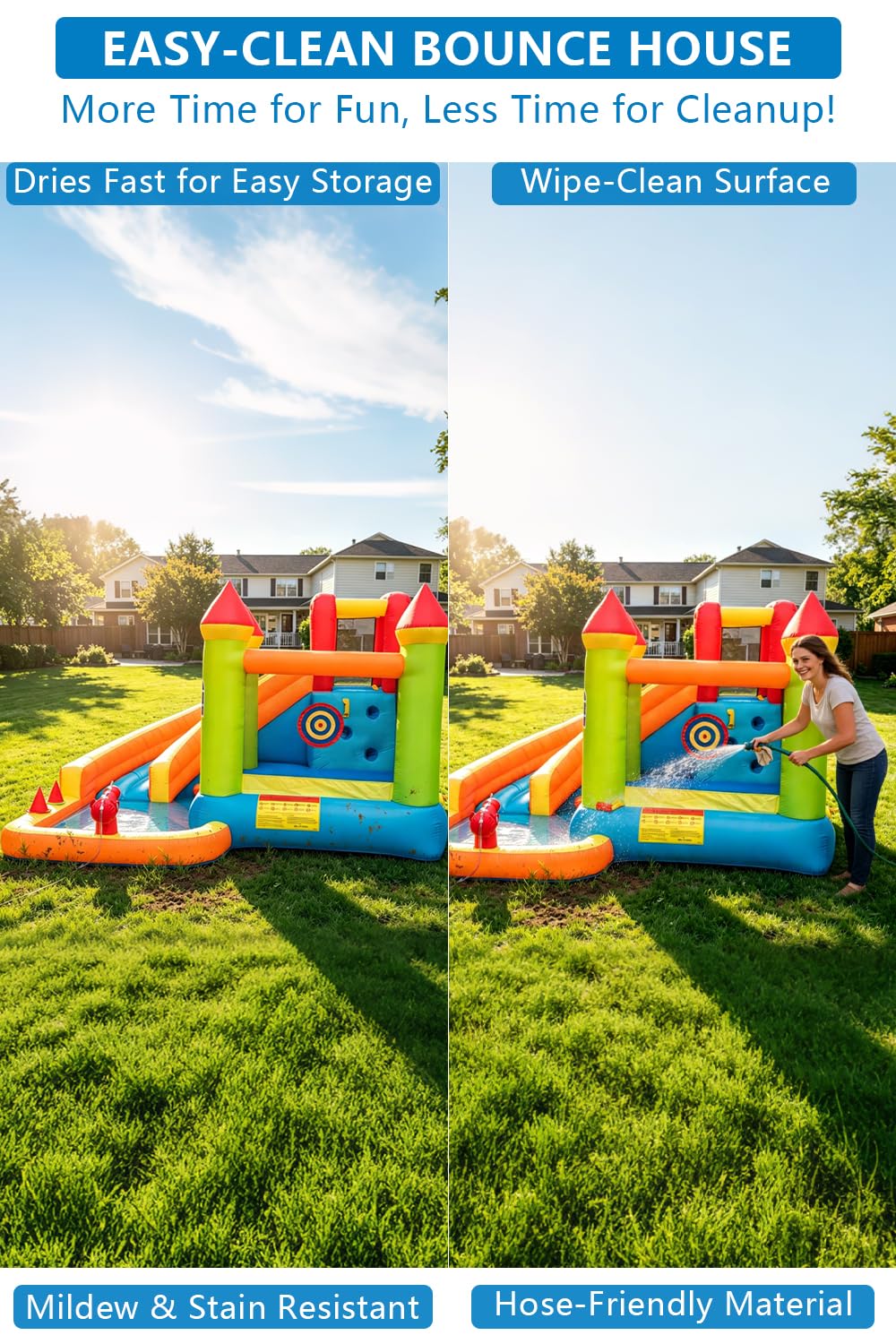 Inflatable Water Slide Bounce House, 10x10 Large Bouncy Castle with Climbing Wall, Splash Pool, Water Cannon & Blower, Heavy Duty Backyard Water Park