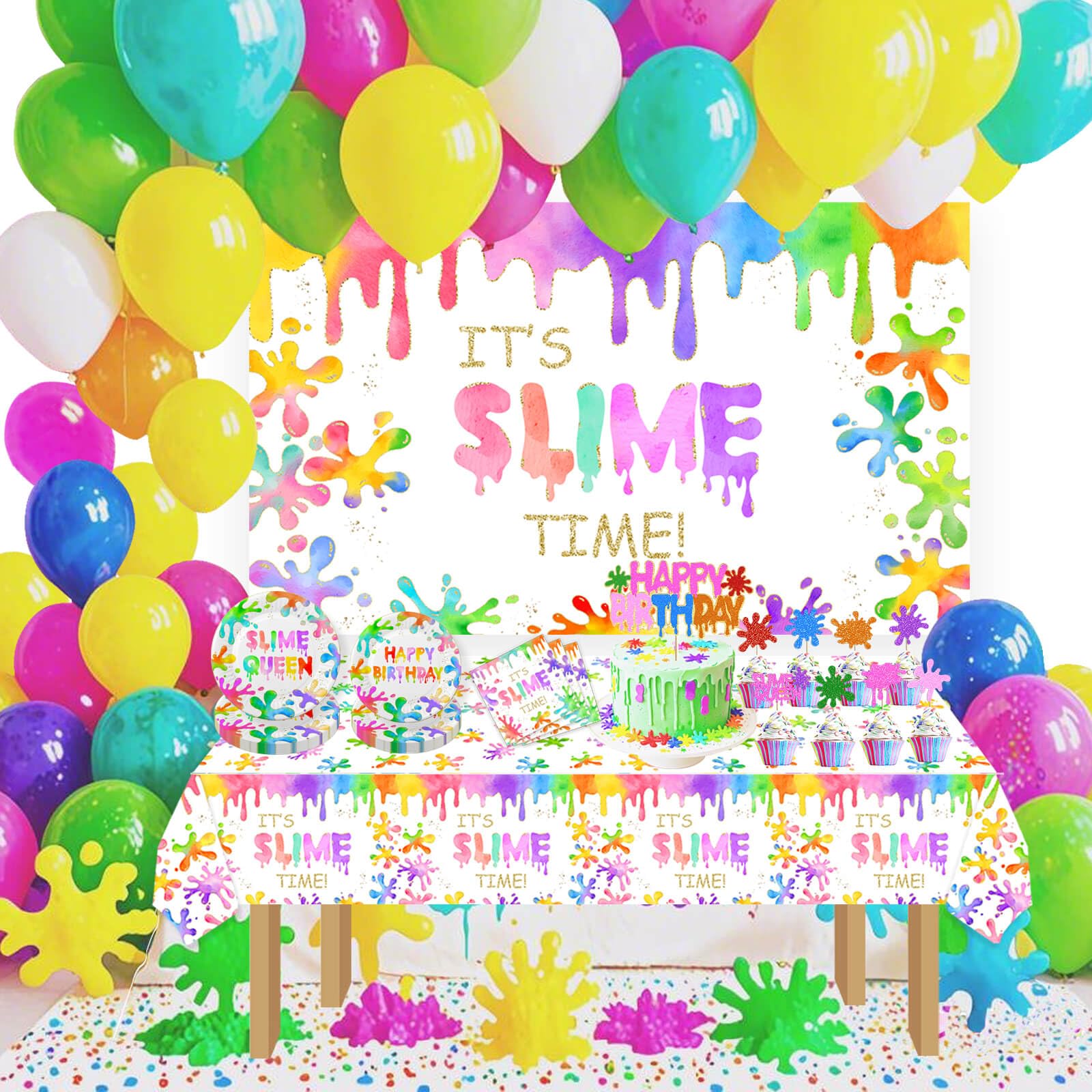 2pcs Slime Time Birthday Party Tablecloths 108 x 54 inches Colorful Splatter Painting Table Cover Splash Graffiti Table Cloths for Slime Theme Kids