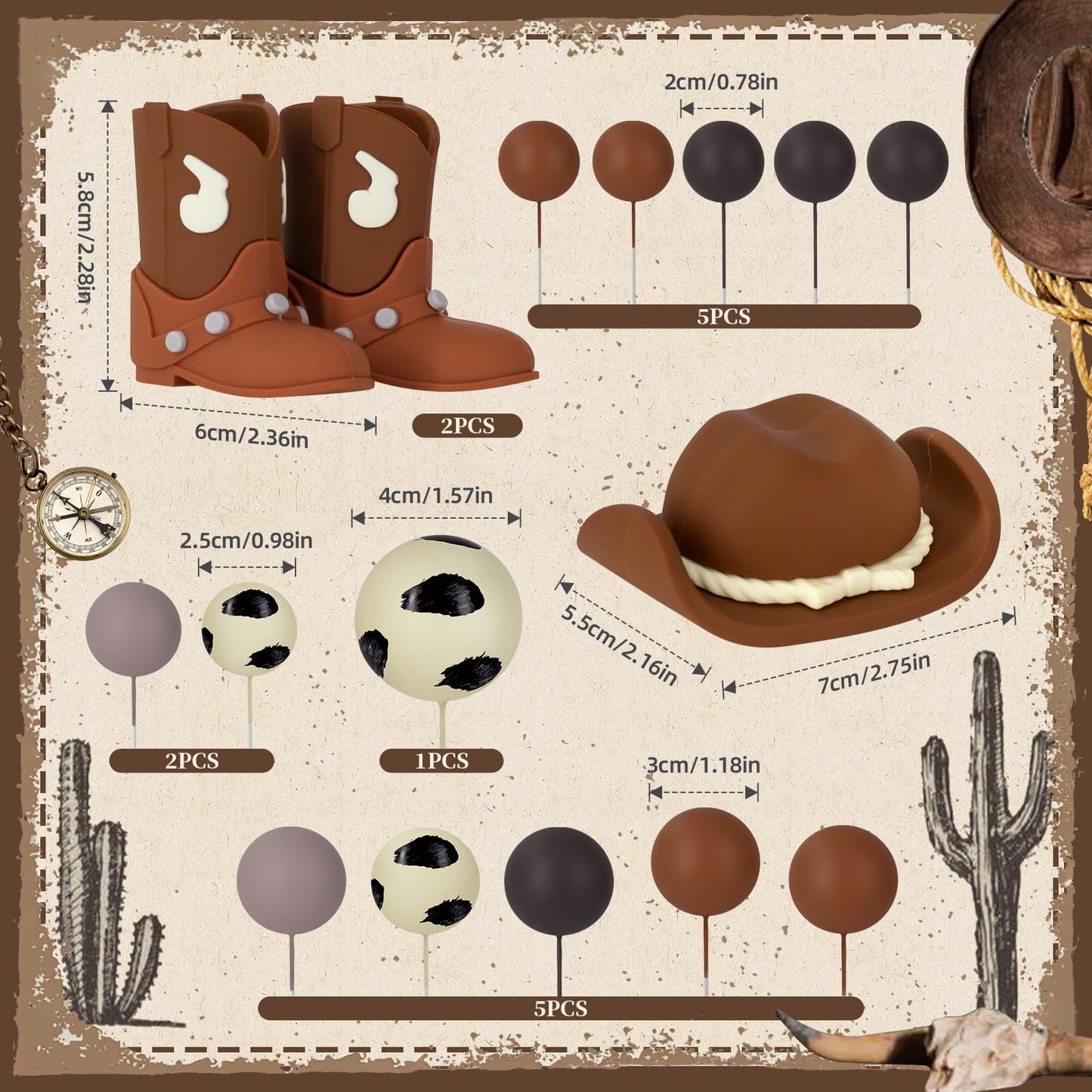 16PCS Cowboy Cake Topper Cowboy Hat and Boot Balls Cake Decorations Western Cowboy Birthday Baby Shower Party Decorations (Brown)