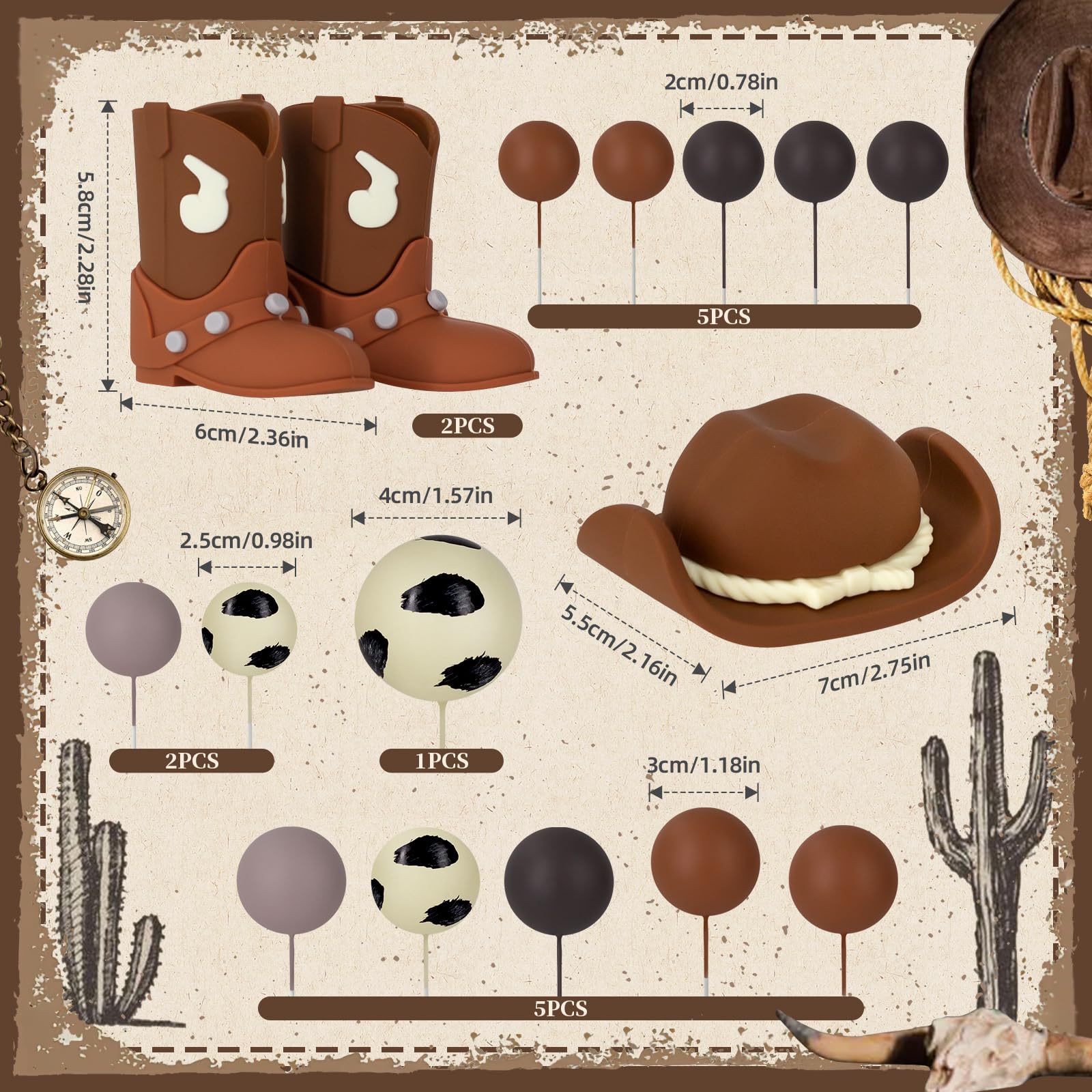 16PCS Cowboy Cake Topper Cowboy Hat and Boot Balls Cake Decorations Western Cowboy Birthday Baby Shower Party Decorations (Brown)