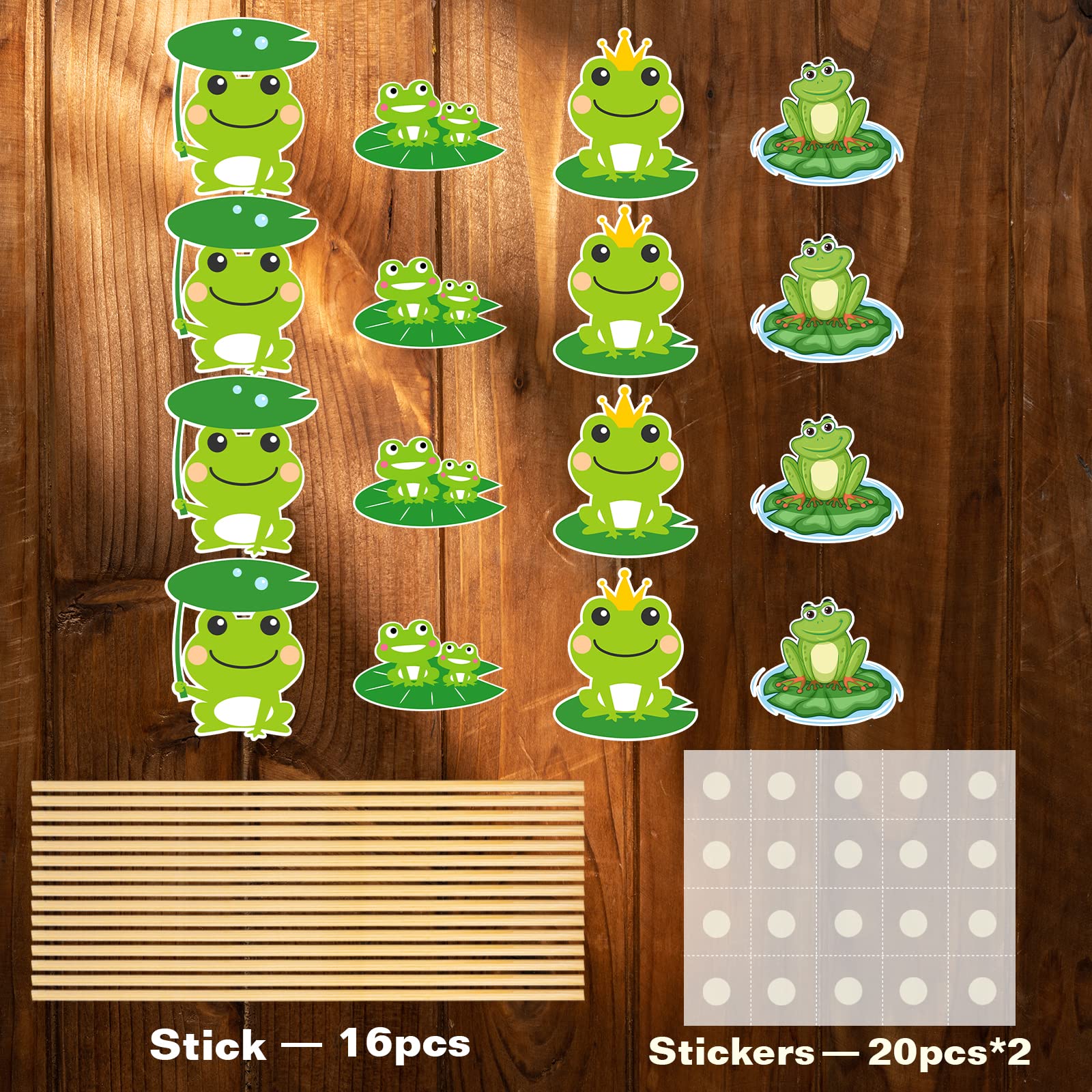 MEFENG 16Pcs Frog Table Centerpieces Sticks - Baby Shower Table Topper - Rainforest Party Decor- Prince Frog Birthday Photo Booth Props - Kids
