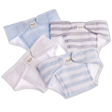 JC Toys Baby Doll Washable and Reusable Eco Diapers 4 Pack Fits Dolls 14 to 18 inch in Blue/White/Grey