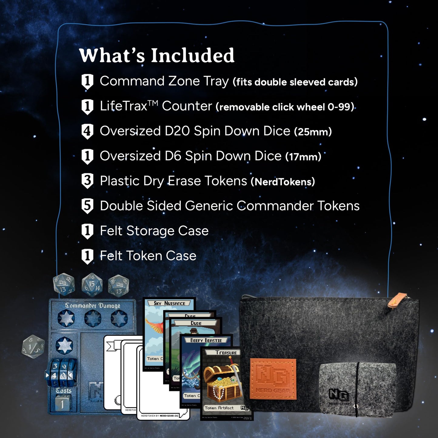 NERD GEAR Commander Essentials Kit - Ultimate Accessory for MTG Commander EDH - MTG Command Zone Tray - Health Counter - Spin Down Dice - Dry Erase