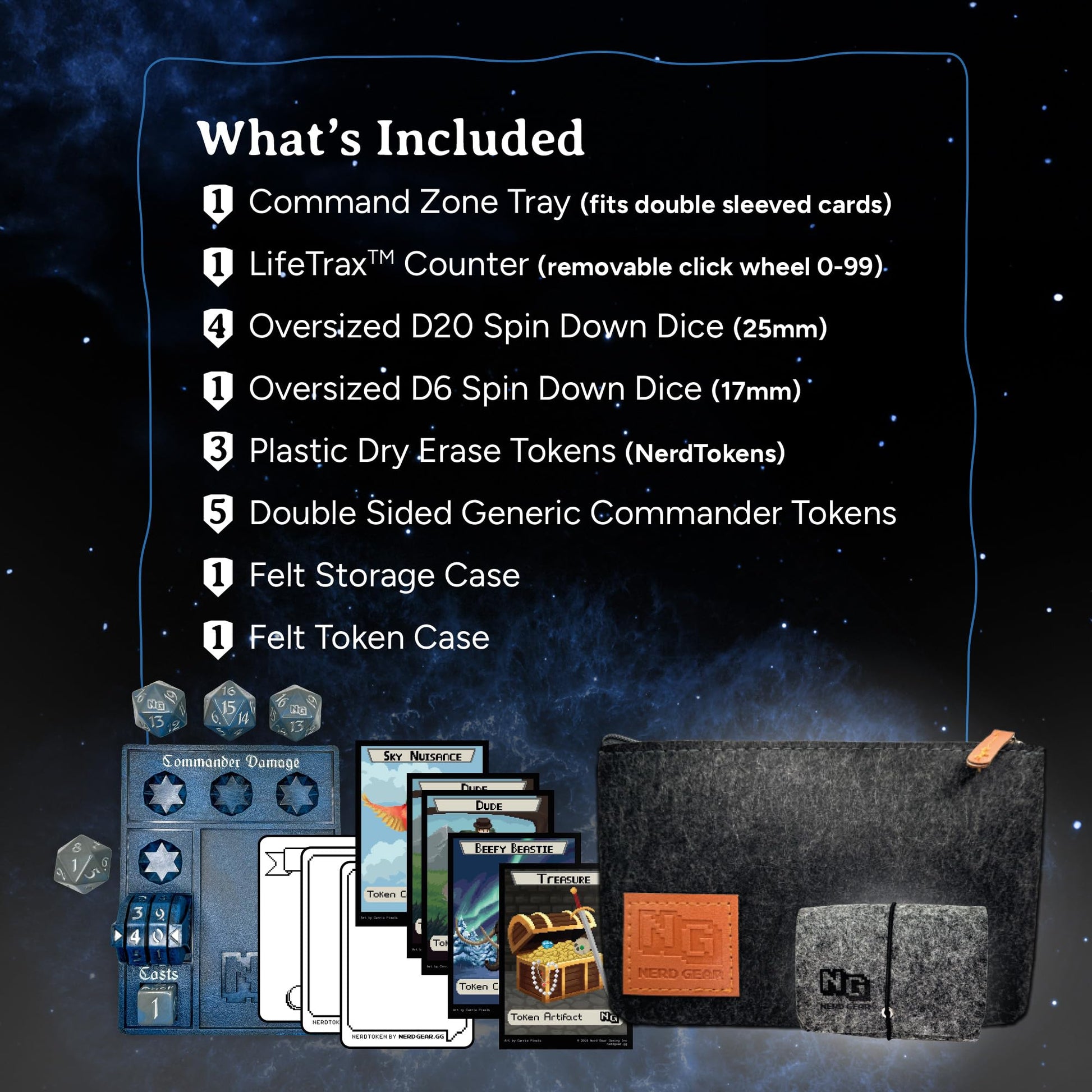 NERD GEAR Commander Essentials Kit - Ultimate Accessory for MTG Commander EDH - MTG Command Zone Tray - Health Counter - Spin Down Dice - Dry Erase
