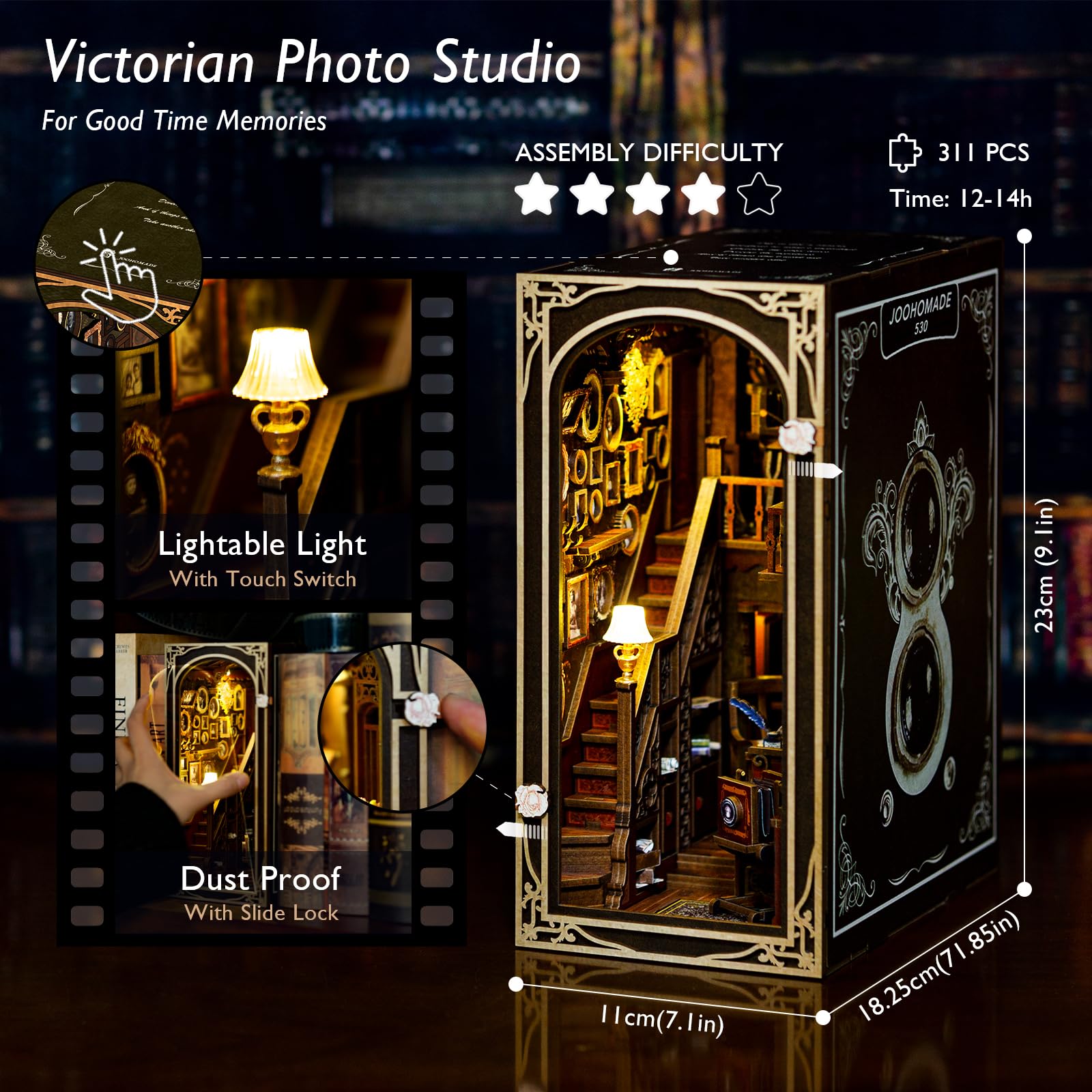 JOOHOUR DIY Book Nook Kit, Dollhouse Miniature, Booknook Bookshelf Insert Alley 3D Wooden Puzzle, Bookends Model Building Kit with LED Light, Gift