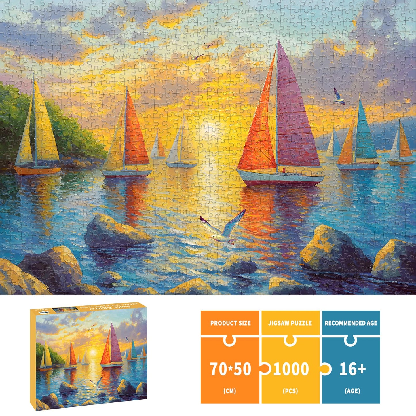 Puzzles for Adults 1000 Pieces, Ocean Sunset Sailing Jigsaw Puzzles 1000 Pieces - Sails Aglow, Summer Decor Impossible Puzzle, Finished Size 27.56 *