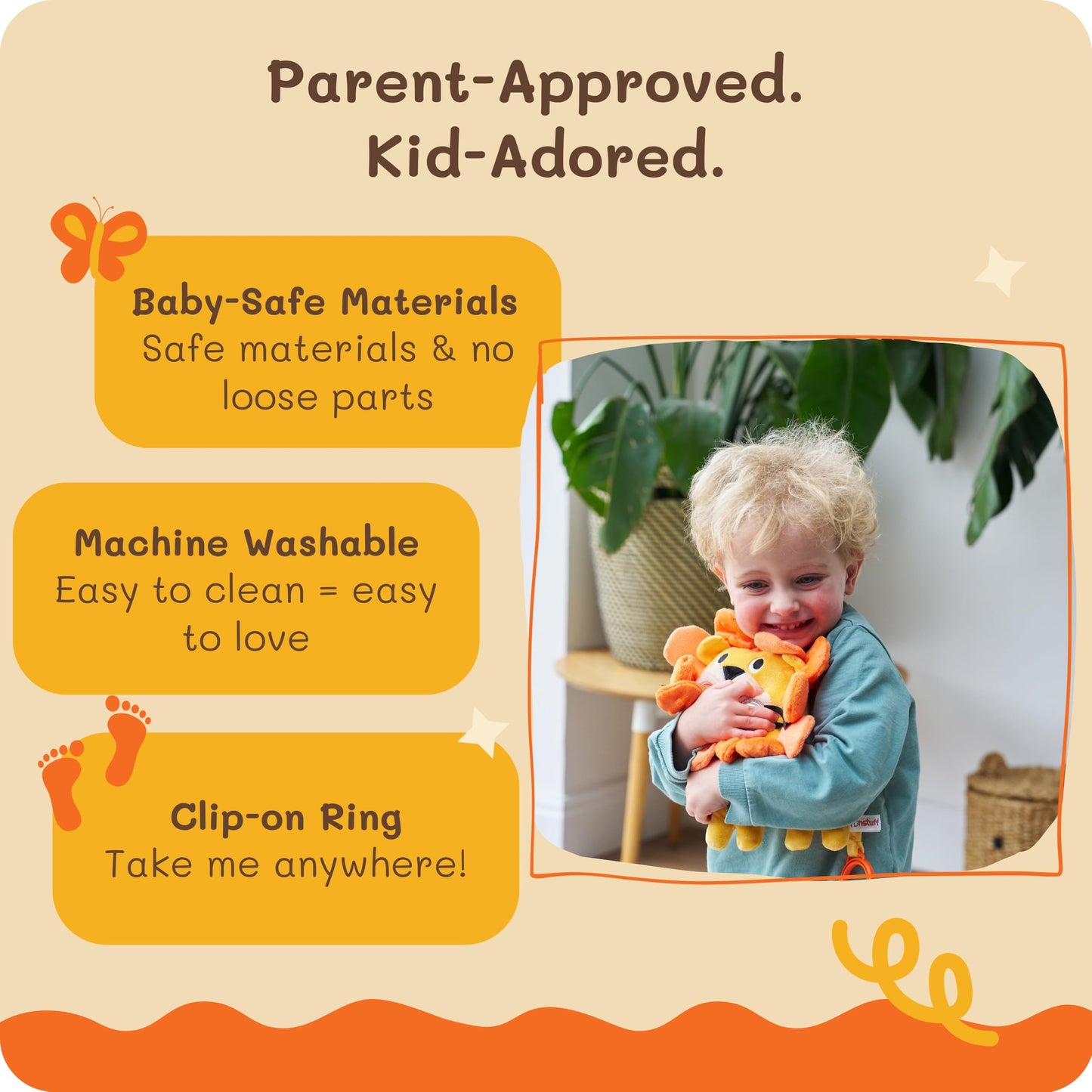 Funstuff Roary the Lion Crinkle Toy for Baby - Sensory Tummy Time Toys - Plush Stuffed Animal with Teething Toy Chew Ring