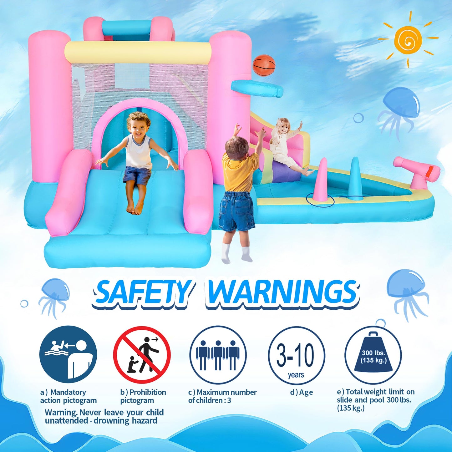 Bestsun Inflatable Water Slide for Kids, Bounce House with Slide, Pool, Water Cannon, Climbing Wall, Blower Included, Outdoor Summer Fun for Kids