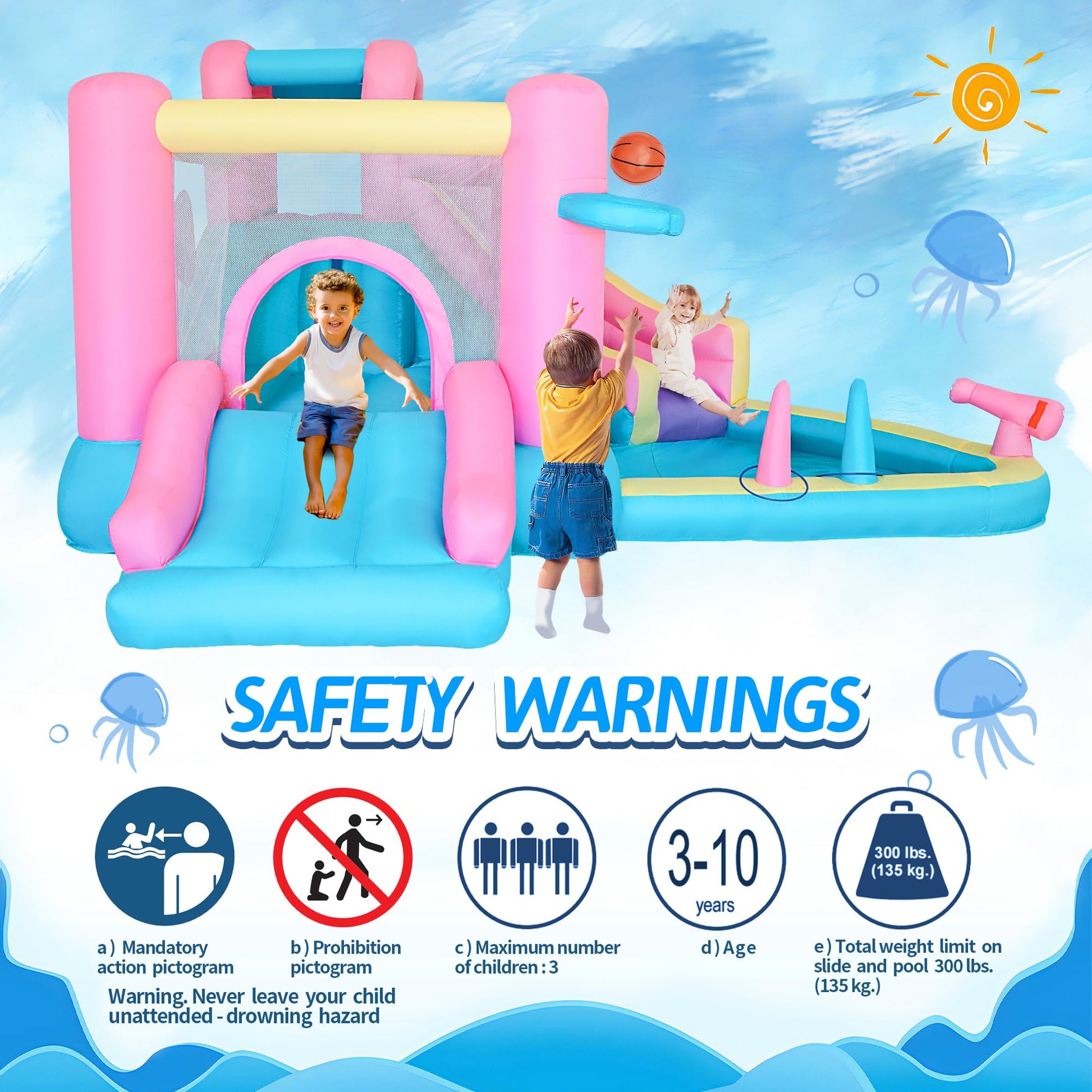Bestsun Inflatable Water Slide for Kids, Bounce House with Slide, Pool, Water Cannon, Climbing Wall, Blower Included, Outdoor Summer Fun for Kids