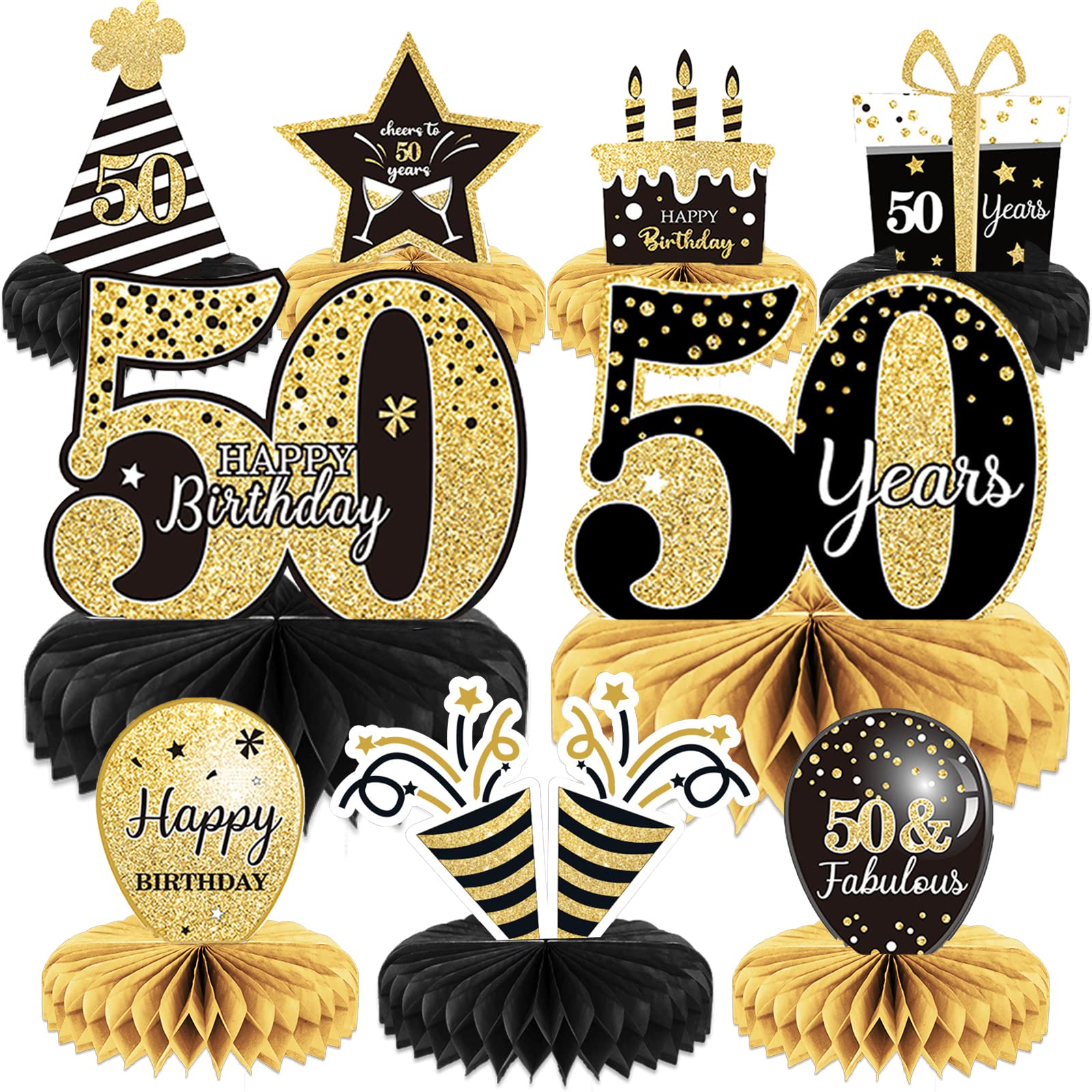 9 Pieces 50th Birthday Decoration 50 th Birthday Centerpieces for Tables Decorations Cheers to 50 Years Honeycomb Table Topper for Men and Women Fifty
