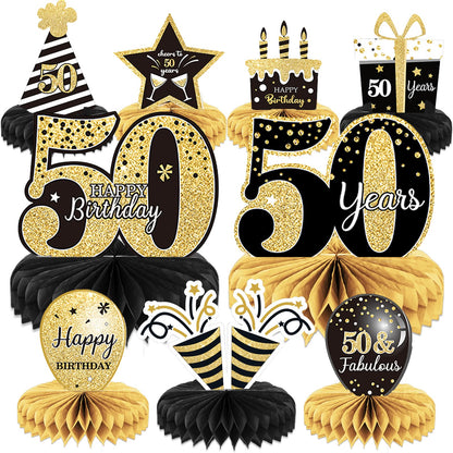 9 Pieces 50th Birthday Decoration 50 th Birthday Centerpieces for Tables Decorations Cheers to 50 Years Honeycomb Table Topper for Men and Women Fifty