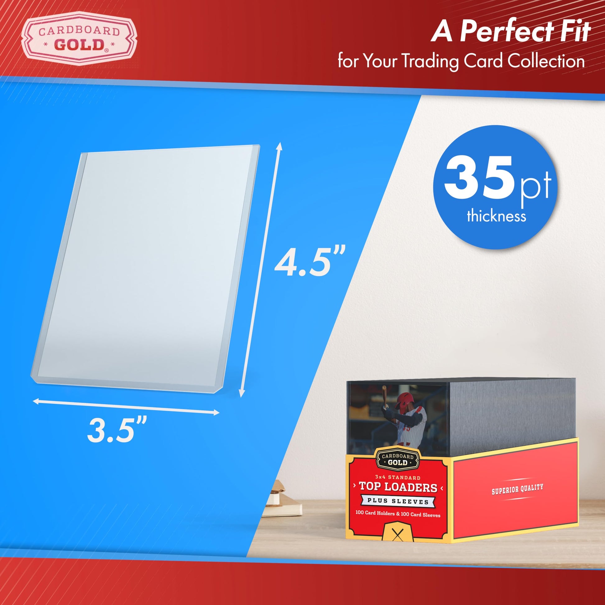 Cardboard Gold - 35pt Top Loaders for Cards with Bonus Soft Sleeves - 100 Count - Premium 3x4 Inch Trading Card Toploaders - Protect Your Baseball and