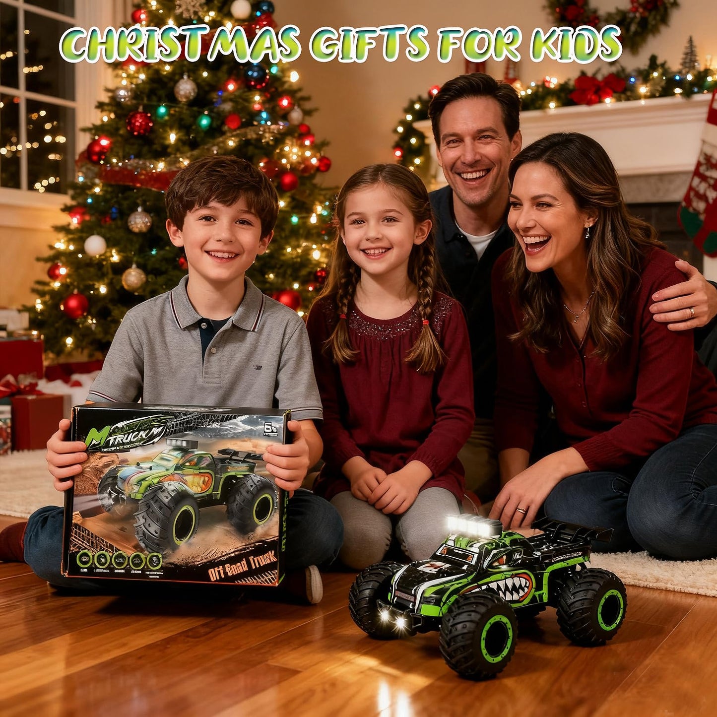 Ufilni Remote Control Monster Truck for Kids: Off-Road RC Car with Headlights & Body Lights, 1:18, 20 km/h, 2WD, 2.4 GHz, All-Terrain, Rechargeable
