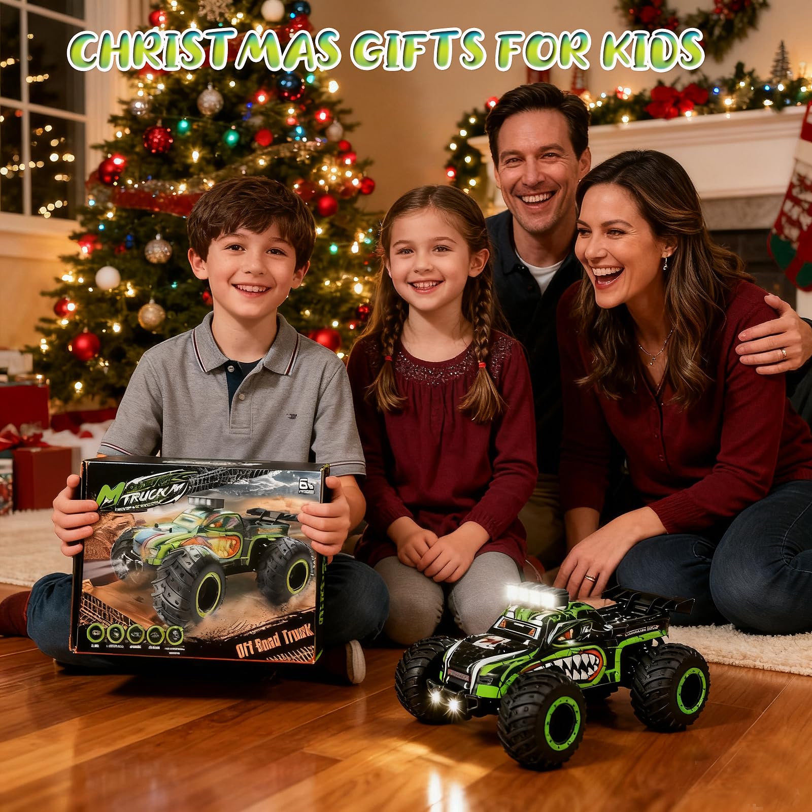 Ufilni Remote Control Monster Truck for Kids: Off-Road RC Car with Headlights & Body Lights, 1:18, 20 km/h, 2WD, 2.4 GHz, All-Terrain, Rechargeable