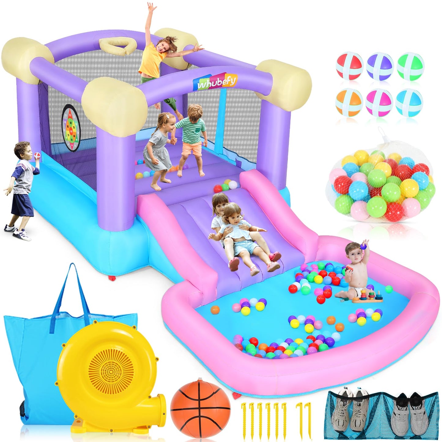 Whubefy Bounce House for Kids 3-6 with Ball Pit Pool & 50 Balls, 5-in-1 Inflatable Bouncy Castle with ETL Certified Blower, Slide, Dart Board with 6
