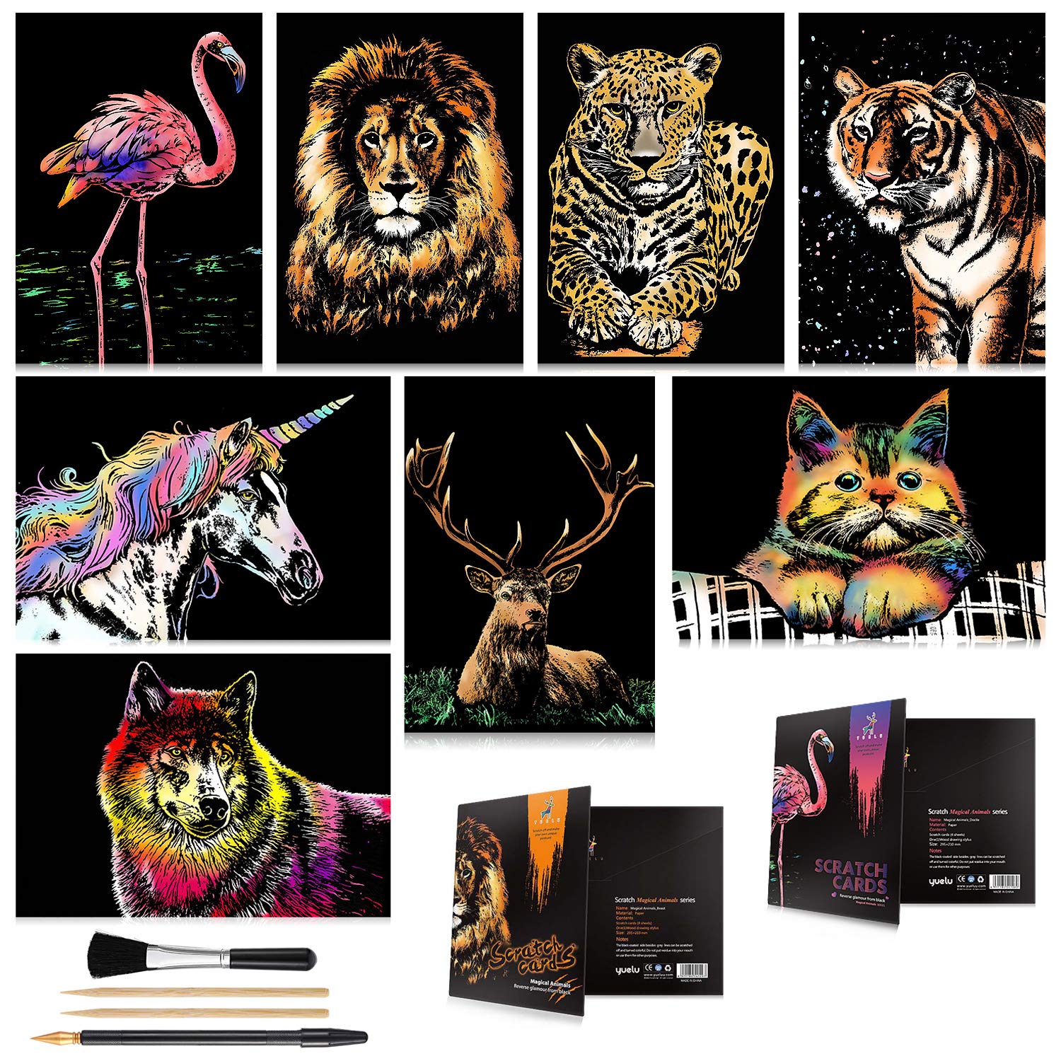 Scratch Art for Kids & Adults, Rainbow Engraving Painting Landscape Scratchboard(A4) Crafts Set: 8 Sheets Scratch Cards with 4 tools