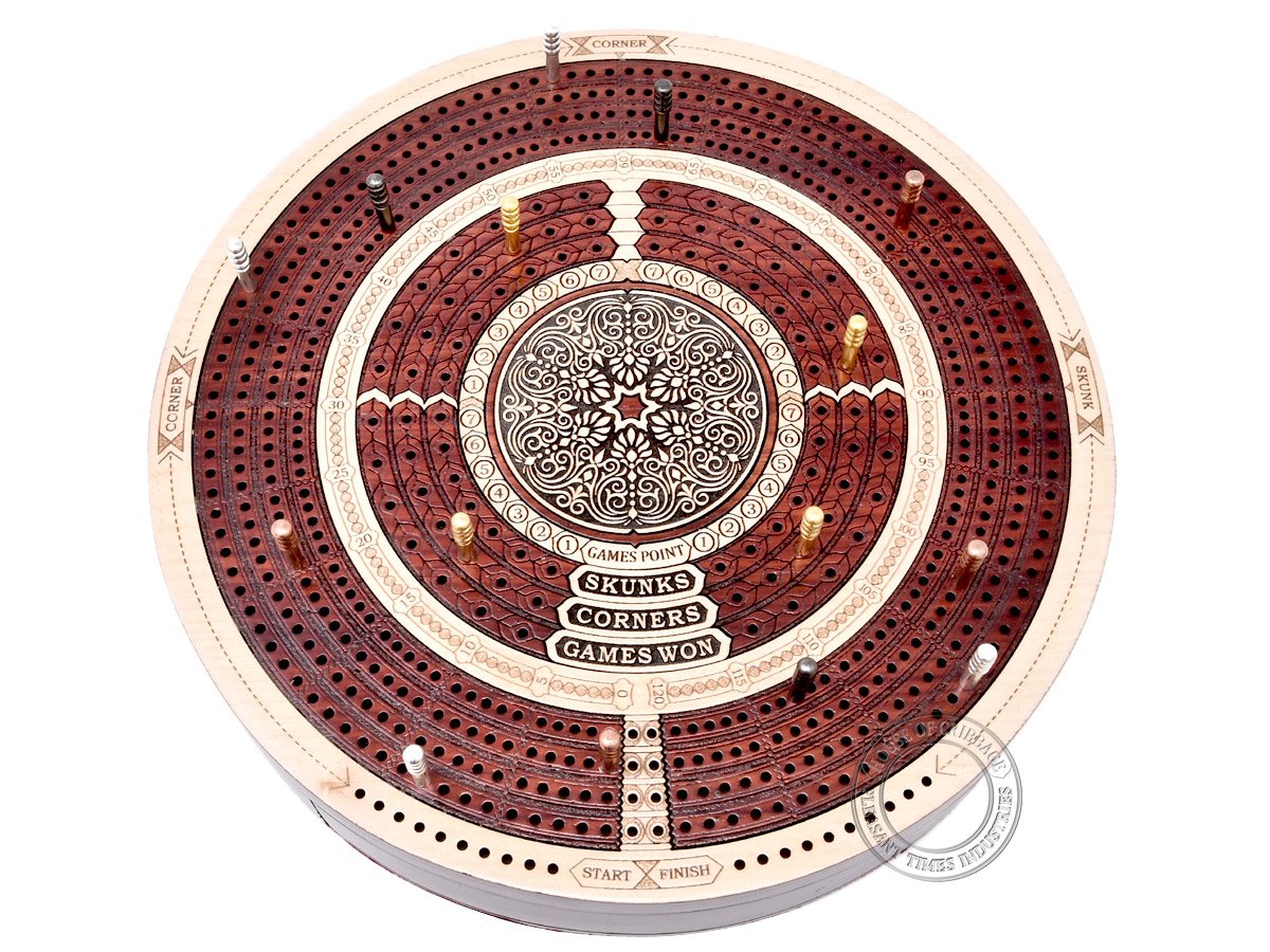 House of Cribbage - Round Shape 4 Tracks Continuous Cribbage Board Maple/Bloodwood with Push Drawer & Place for Skunks, Corners & Won Games