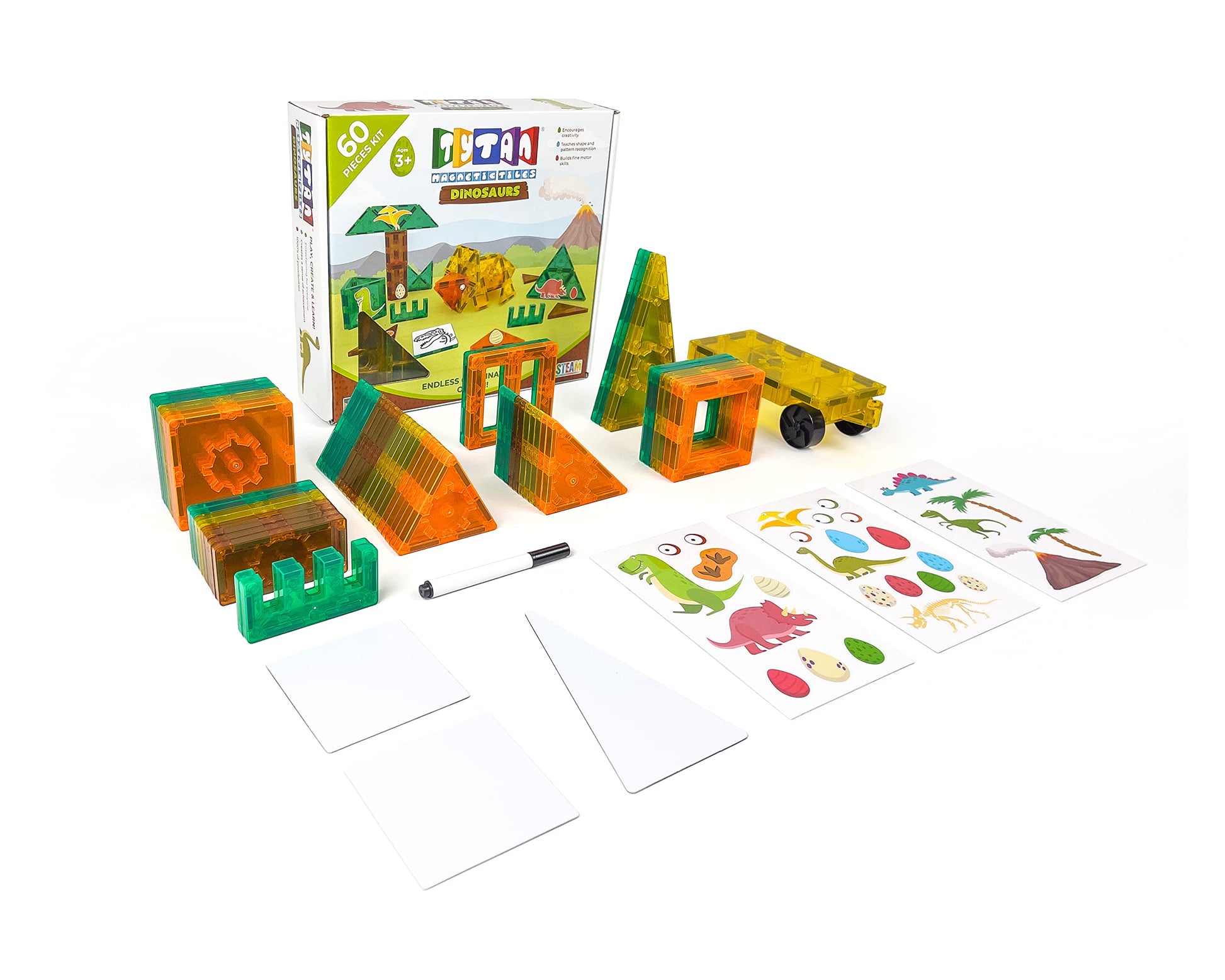 Tytan Tiles Dinosaurs 60-Piece Magnetic Tiles Building Set, Dino Safari Land Kids’ STEM Toy, Creative Play, Shape & Pattern Recognition, Fine Motor