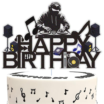 Dj Disco Happy Birthday Cake Topper Music Rock Disco Hip Hop Black Glitter Cake Decoration Carnival party Dj Disco Unisex adult Theme Birthday Party
