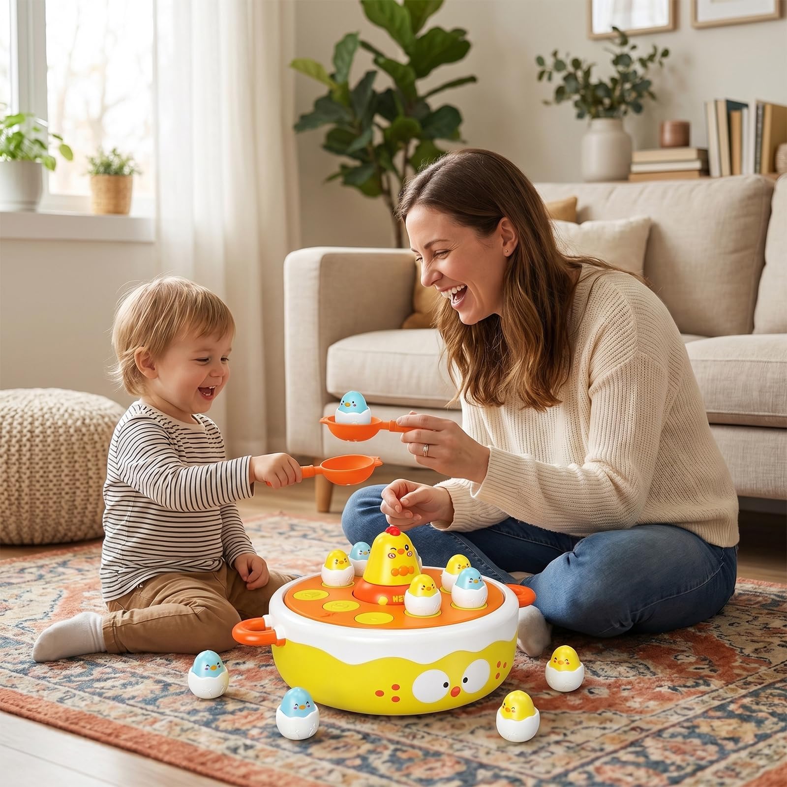 4 in 1 Table Game for kids, Bounce and Catching Game, Fishing Game, Bowling Toy, Tic-Tac-Toe, Music,Light, Hook-a-Chicken, Hand-Eye Coordination