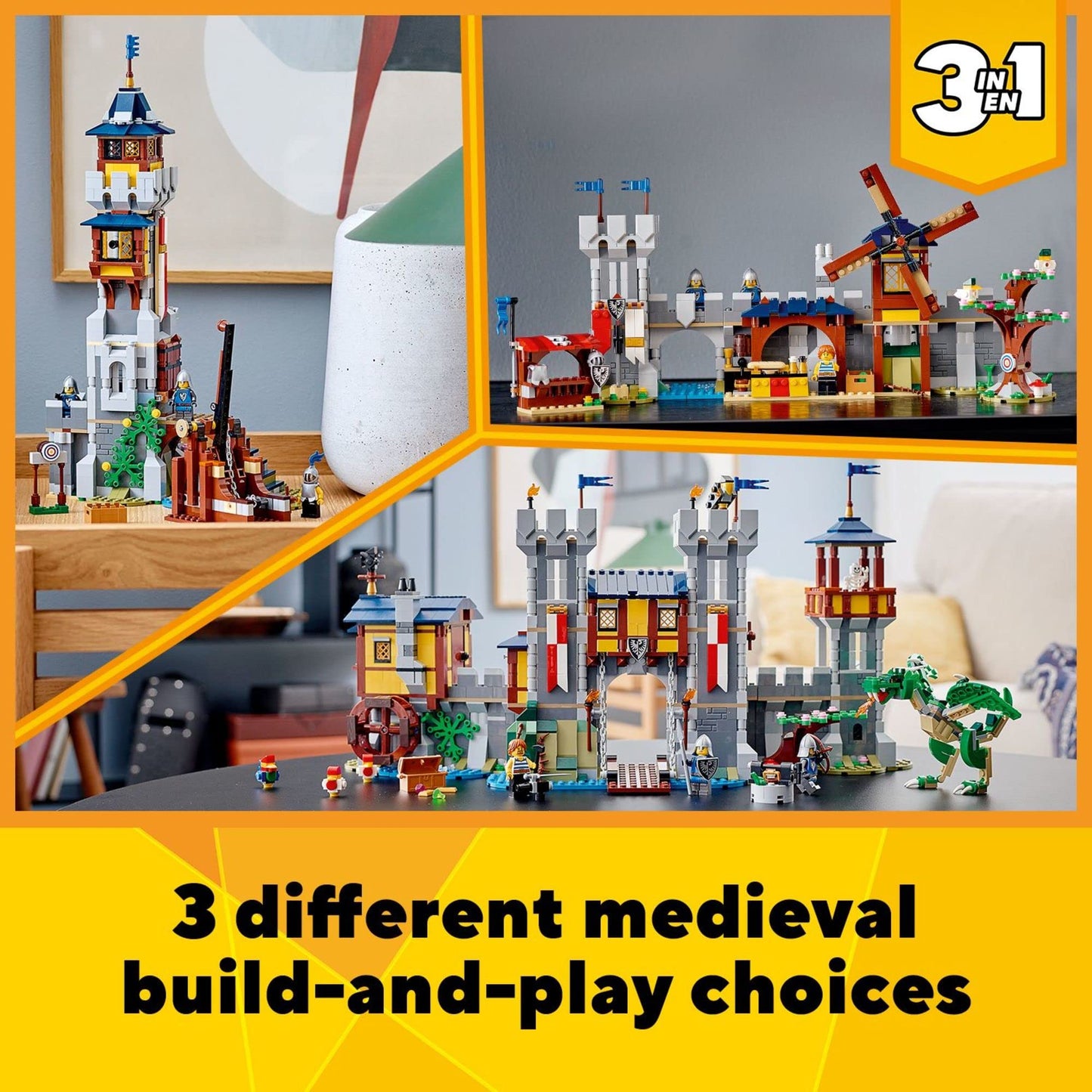LEGO Creator 3 in 1 Medieval Castle Toy, Transforms from Castle to Tower to Marketplace, Includes Skeleton and Dragon Figure, with 3 Minifigures and