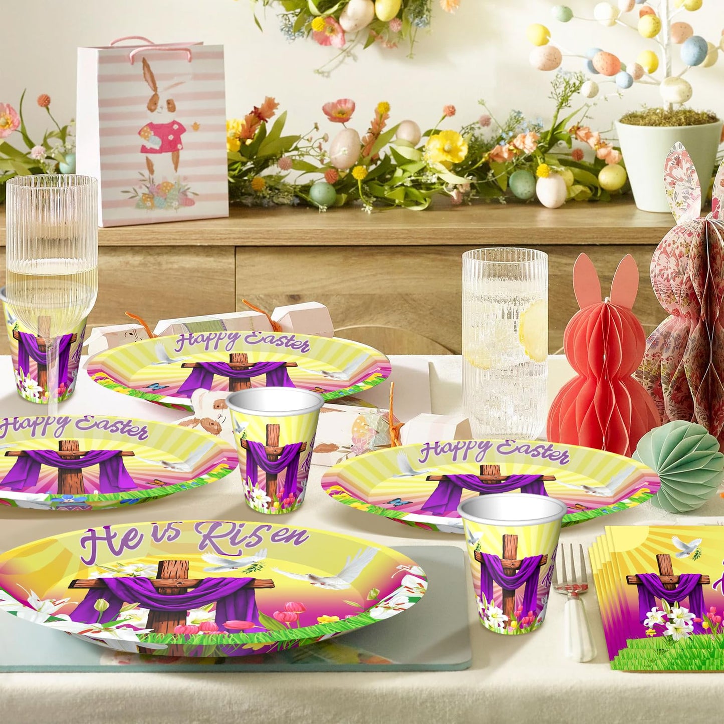 He is Risen Party Plates Supplies Tableware with Easter Jesus Paper Plates Napkins Cups Forks for Religion Christ Easter Party Decorations, Serves 24