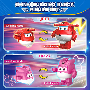 Super Wings Building Blocks, Jett & Dizzy 2-in-1 Airplane and Rescue Bots Building Toys, Transformable Building Blocks for Toddlers Kids Ages 3 4 5 6